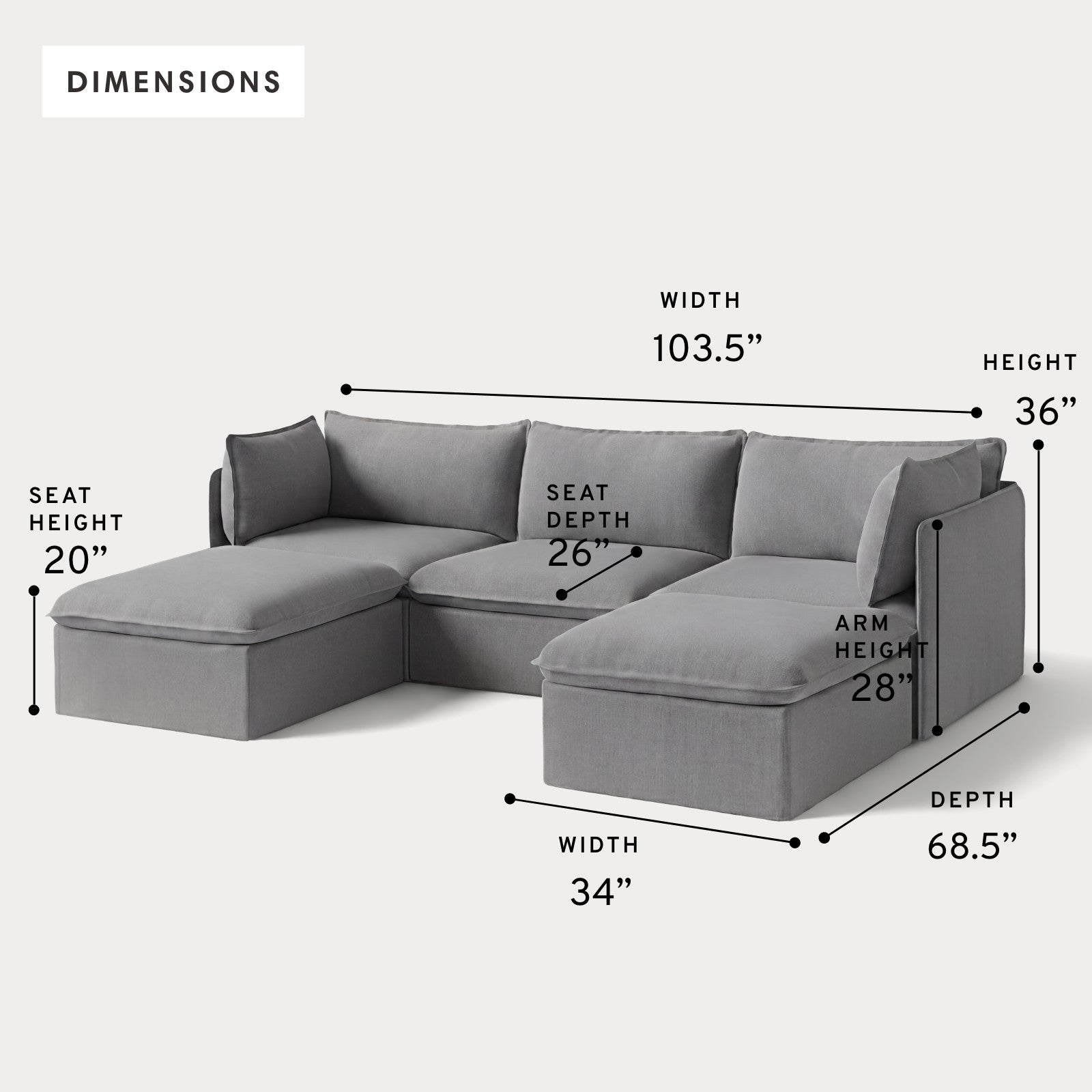 Modular Outdoor Washable 3-Seater U-Sectional | Classic Canvas in Stone Gray