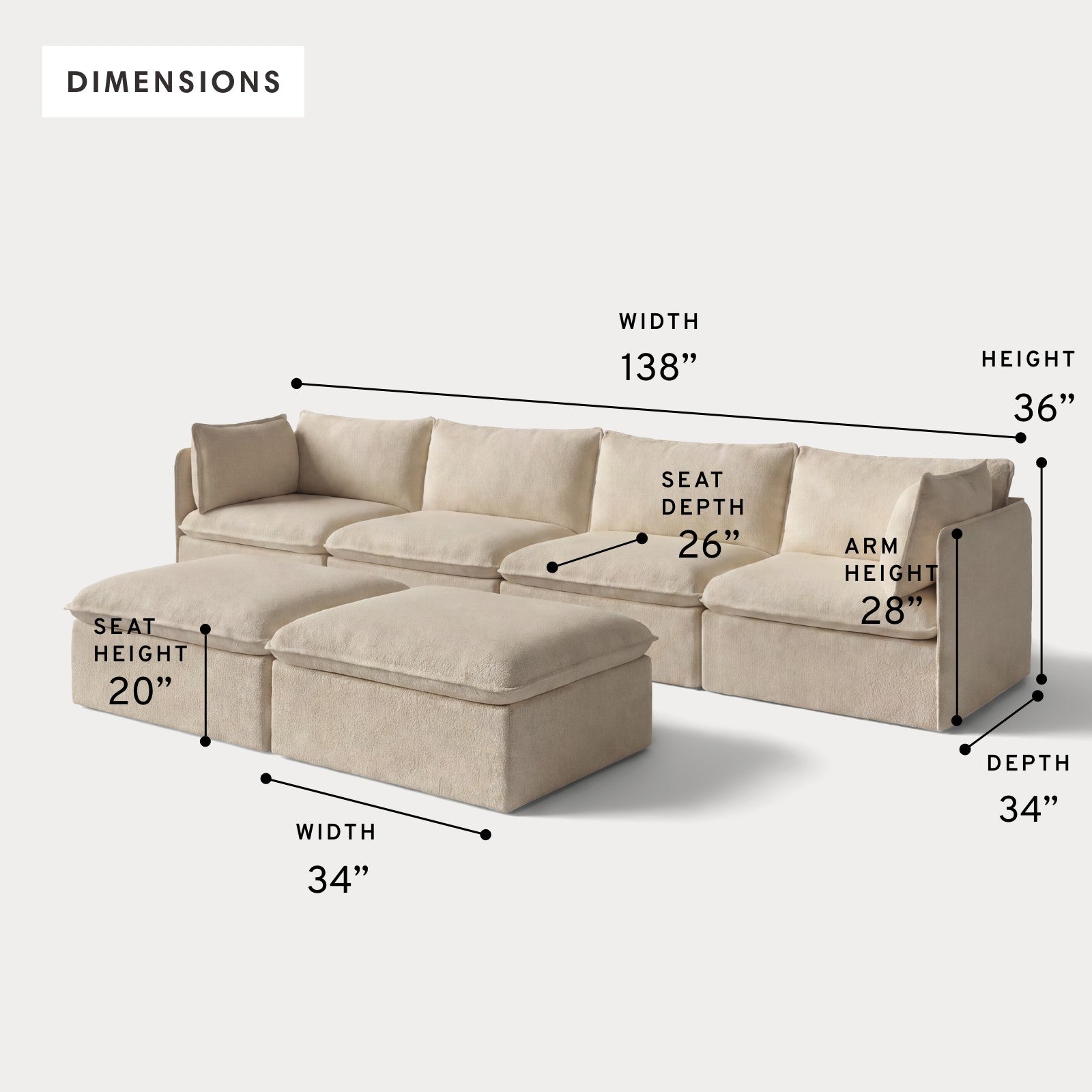 Modular Outdoor Washable 4-Seater + Bench Ottoman | Alfresco Boucle in Cashew