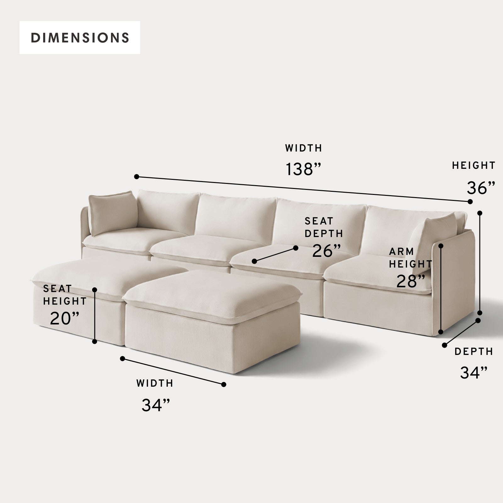 Modular Outdoor Washable 4-Seater + Bench Ottoman | Nano Slubweave in Chai