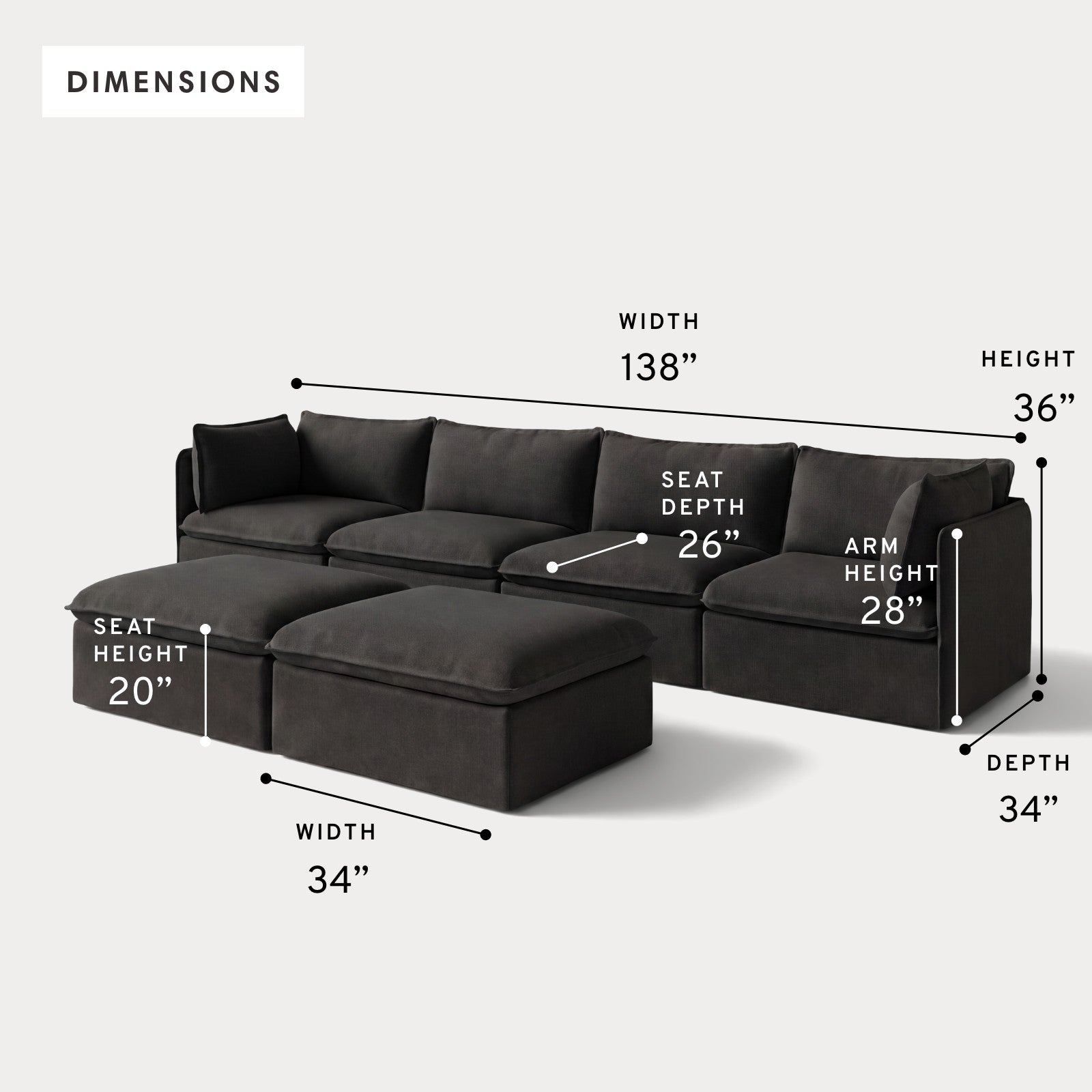Modular Outdoor Washable 4-Seater + Bench Ottoman | Classic Canvas in Charcoal