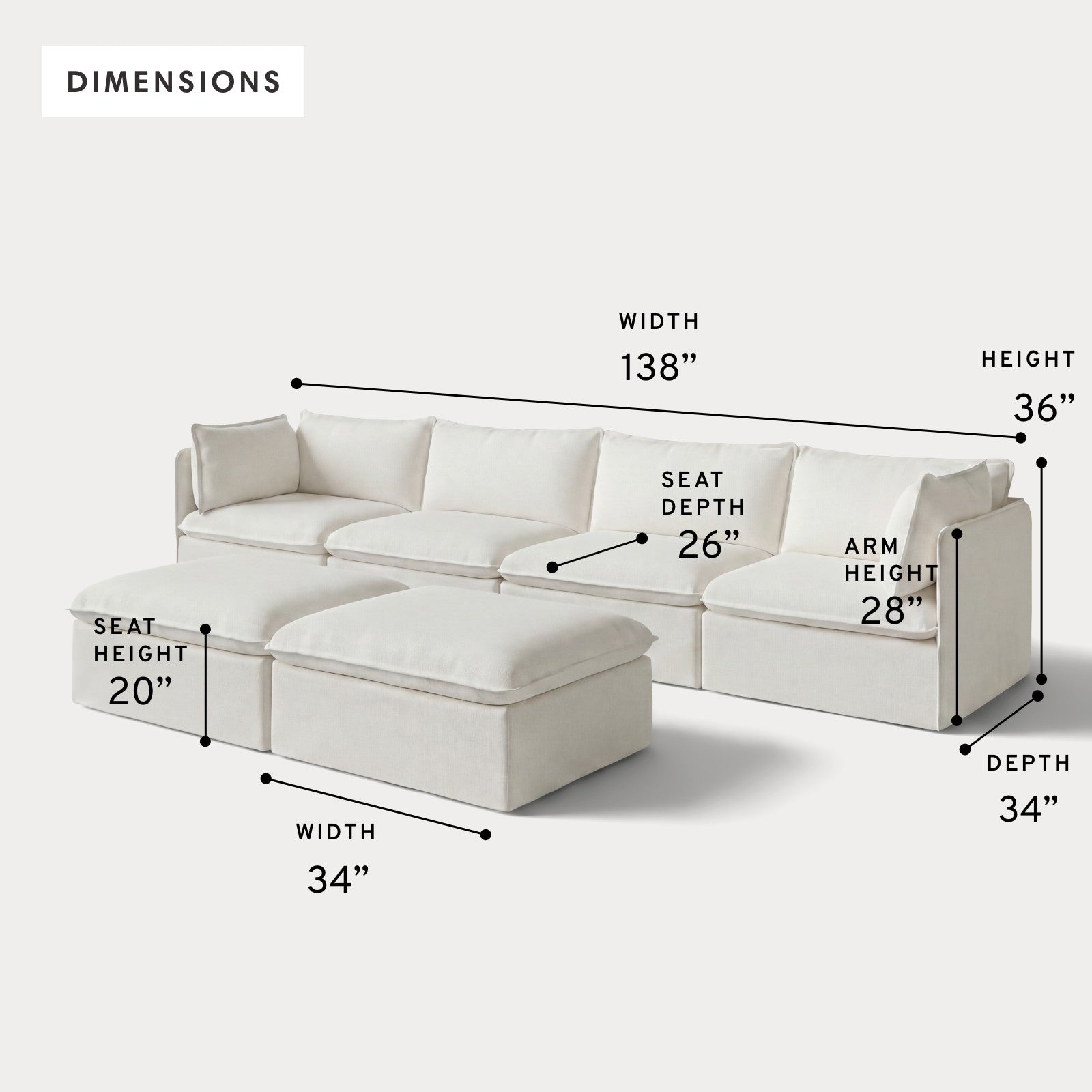 Modular Outdoor Washable 4-Seater + Bench Ottoman | Classic Canvas in Cloud