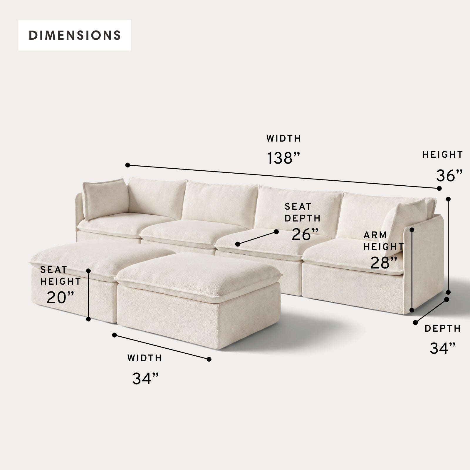 Modular Outdoor Washable 4-Seater + Bench Ottoman | Alfresco Boucle in Creme