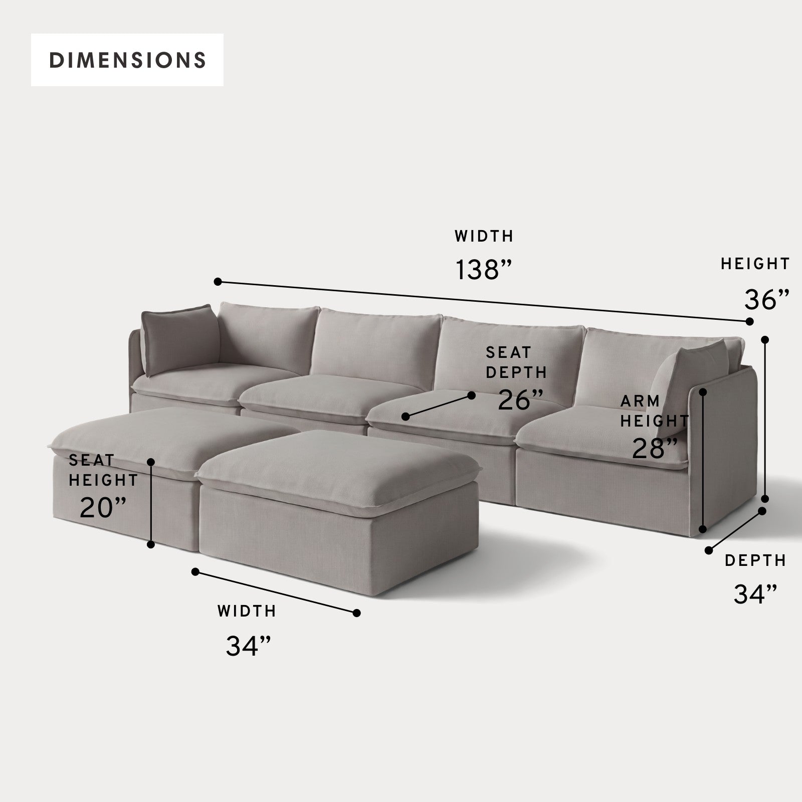 Modular Outdoor Washable 4-Seater + Bench Ottoman | Nano Slubweave in Haze Gray