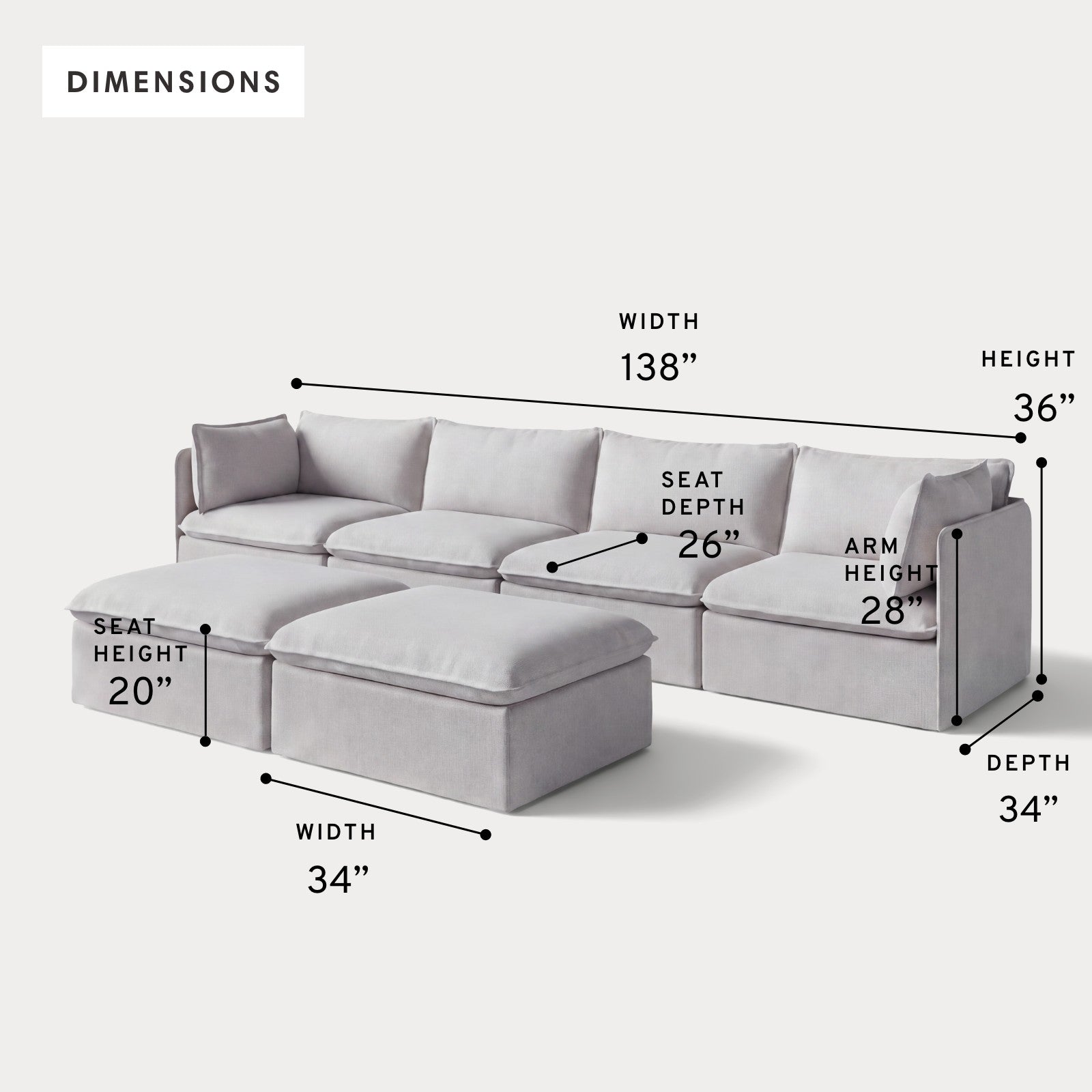 Modular Outdoor Washable 4-Seater + Bench Ottoman | Nano Slubweave in Mist
