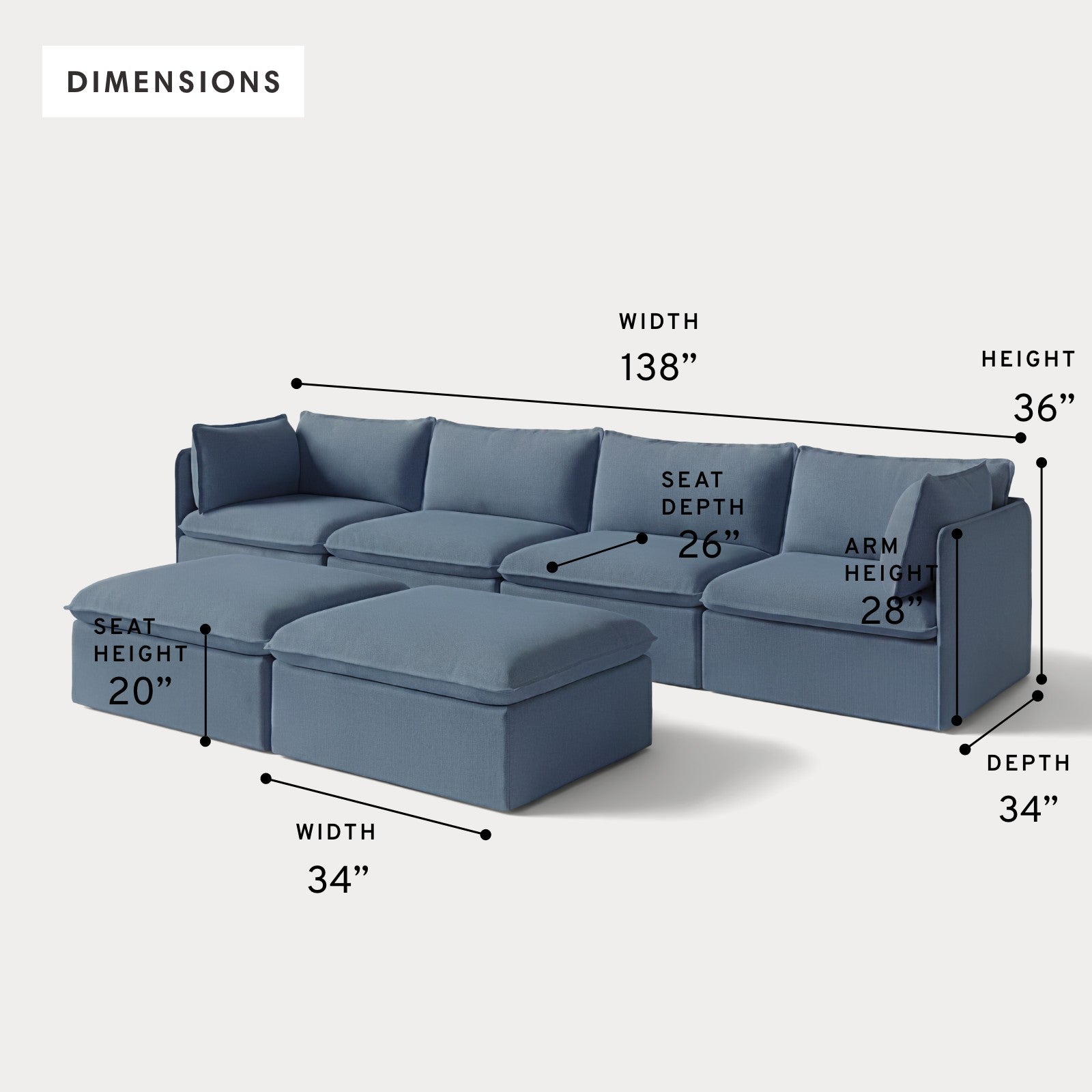Modular Outdoor Washable 4-Seater + Bench Ottoman | Classic Canvas in Ocean