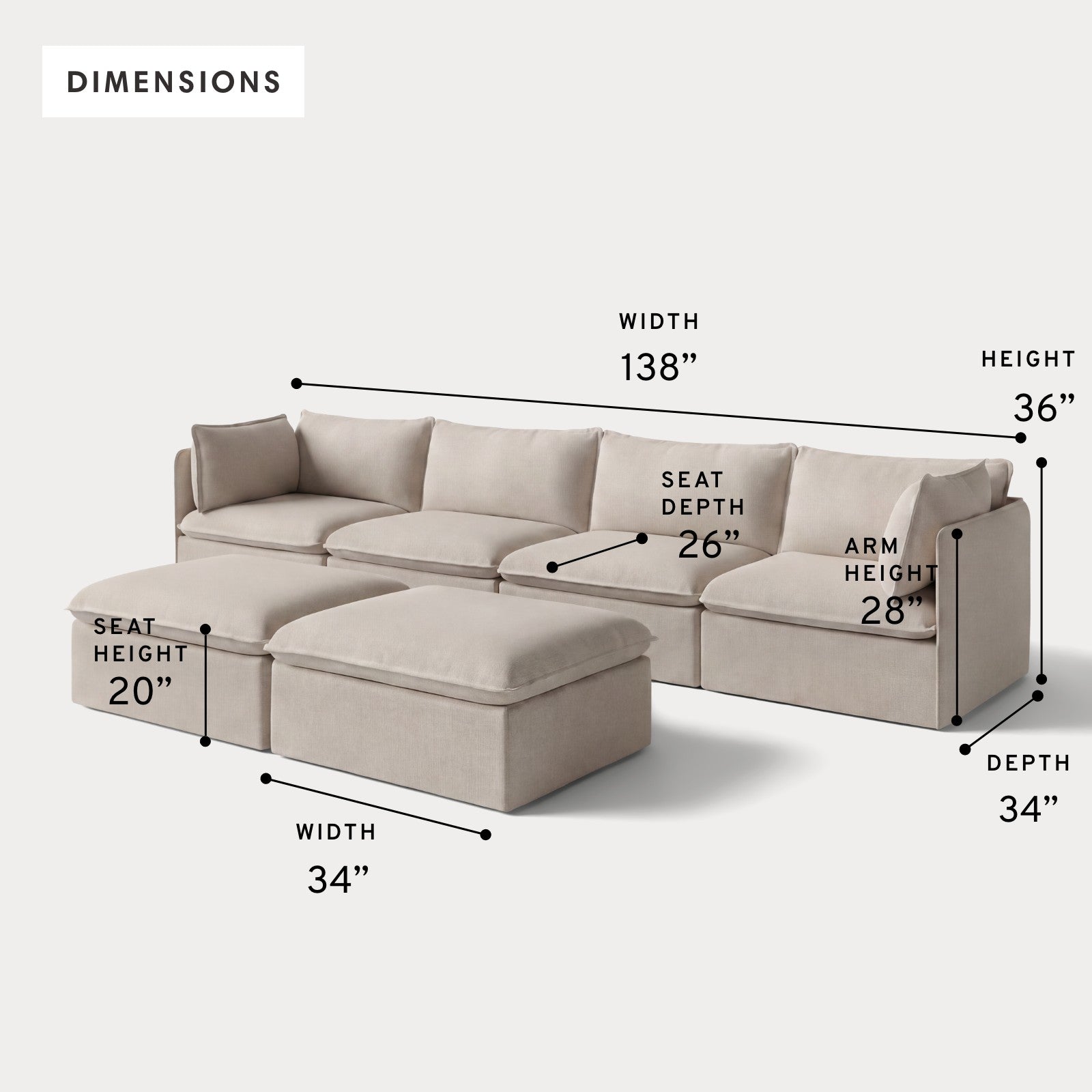 Modular Outdoor Washable 4-Seater + Bench Ottoman | Classic Canvas in Sand