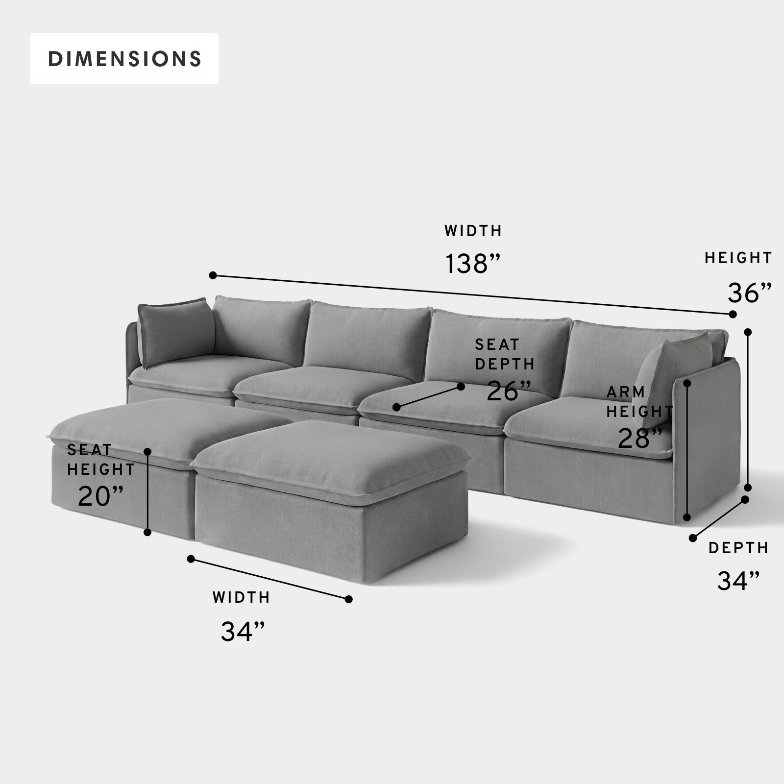 Modular Outdoor Washable 4-Seater + Bench Ottoman | Classic Canvas in Stone Gray