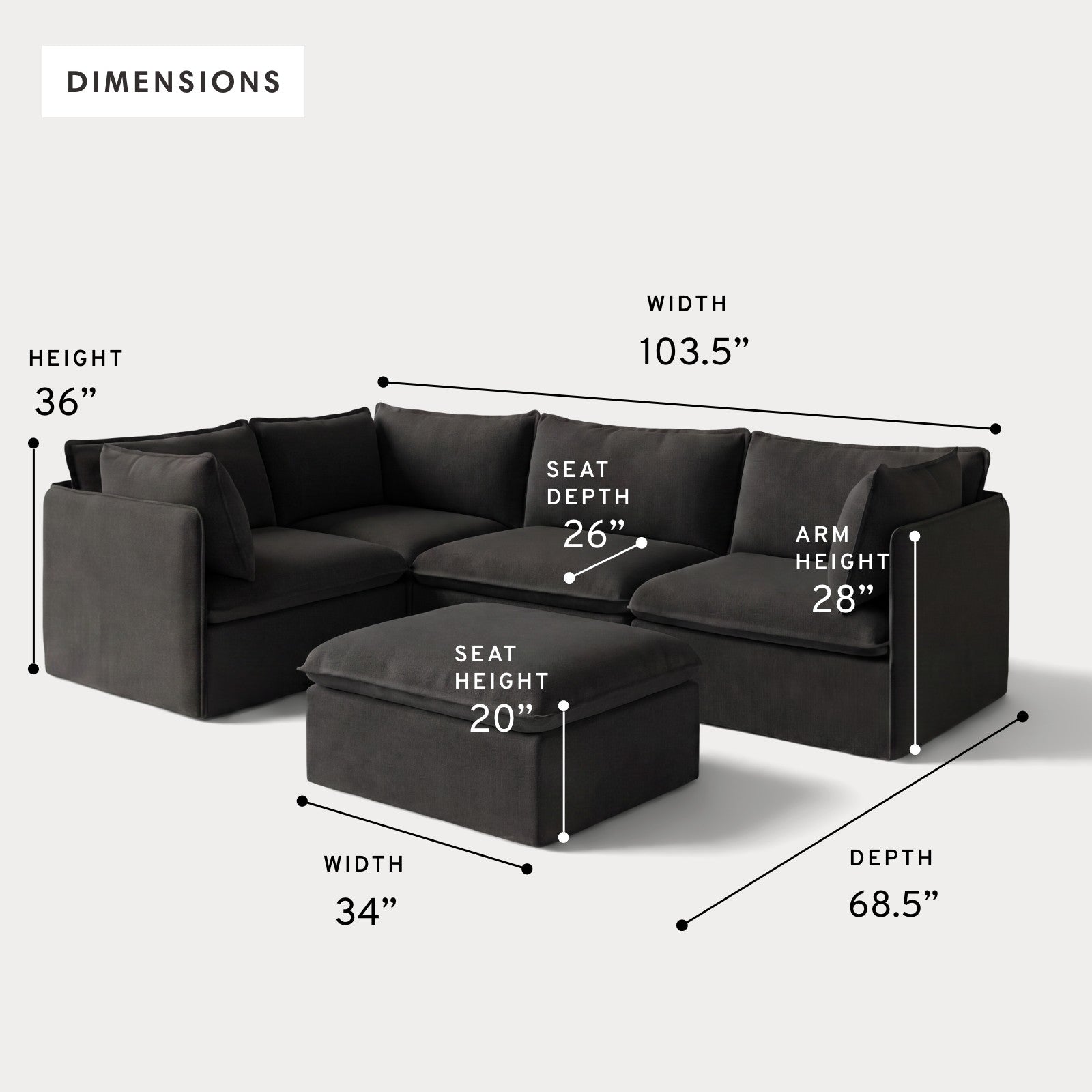Modular Outdoor Washable 4-Seater Corner Sectional + Ottoman | Classic Canvas in Charcoal