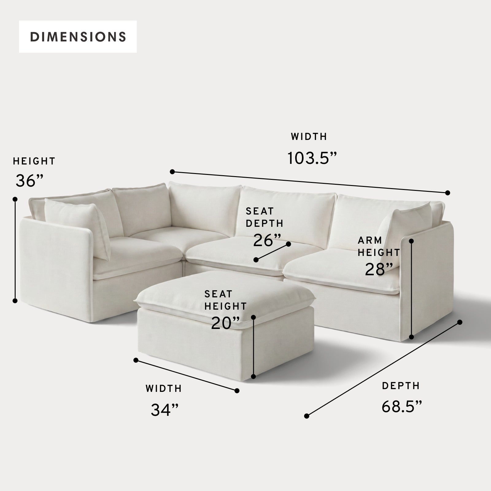 Modular Outdoor Washable 4-Seater Corner Sectional + Ottoman | Classic Canvas in Cloud