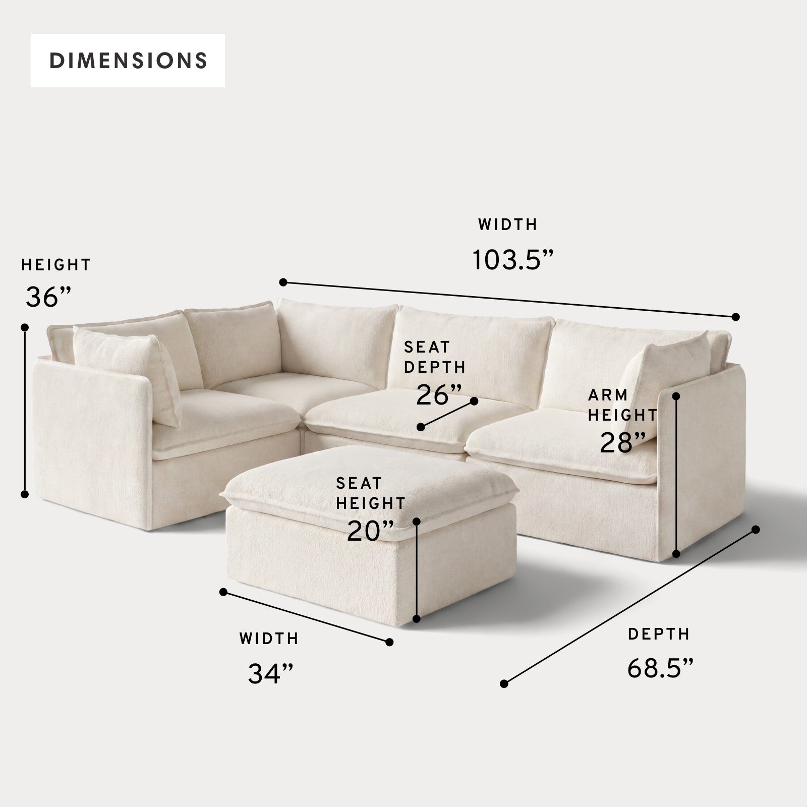 Modular Outdoor Washable 4-Seater Corner Sectional + Ottoman | Alfresco Boucle in Creme