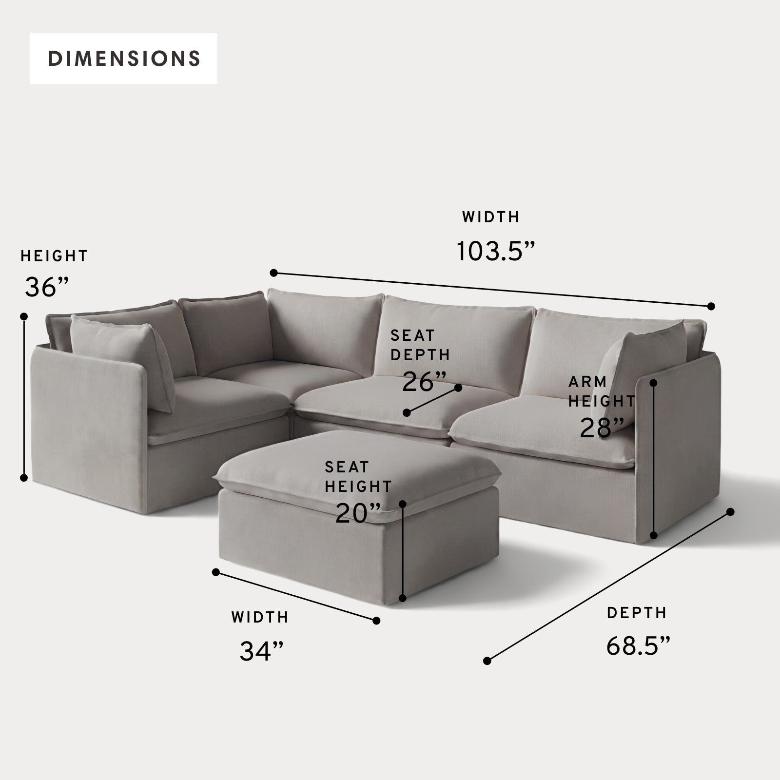 Modular Outdoor Washable 4-Seater Corner Sectional + Ottoman | Nano Slubweave in Haze Gray