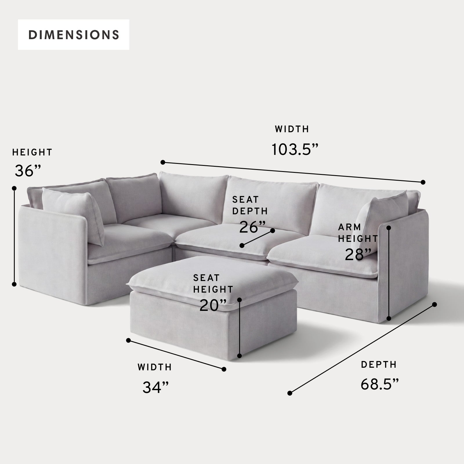 Modular Outdoor Washable 4-Seater Corner Sectional + Ottoman | Nano Slubweave in Mist