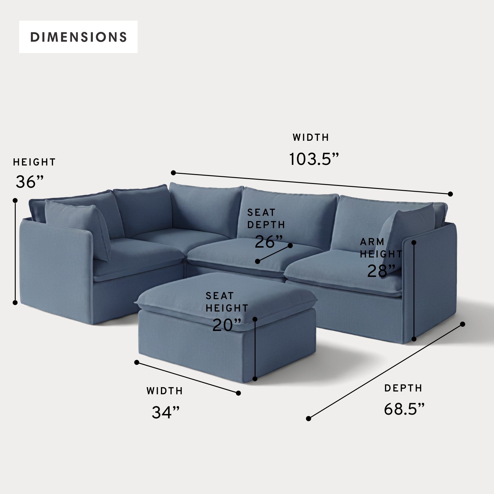 Modular Outdoor Washable 4-Seater Corner Sectional + Ottoman | Classic Canvas in Ocean