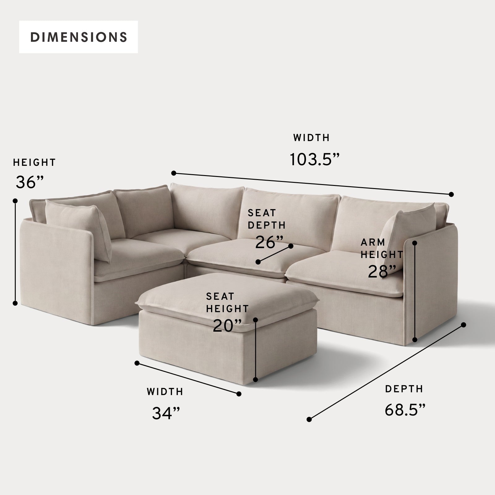 Modular Outdoor Washable 4-Seater Corner Sectional + Ottoman | Classic Canvas in Sand