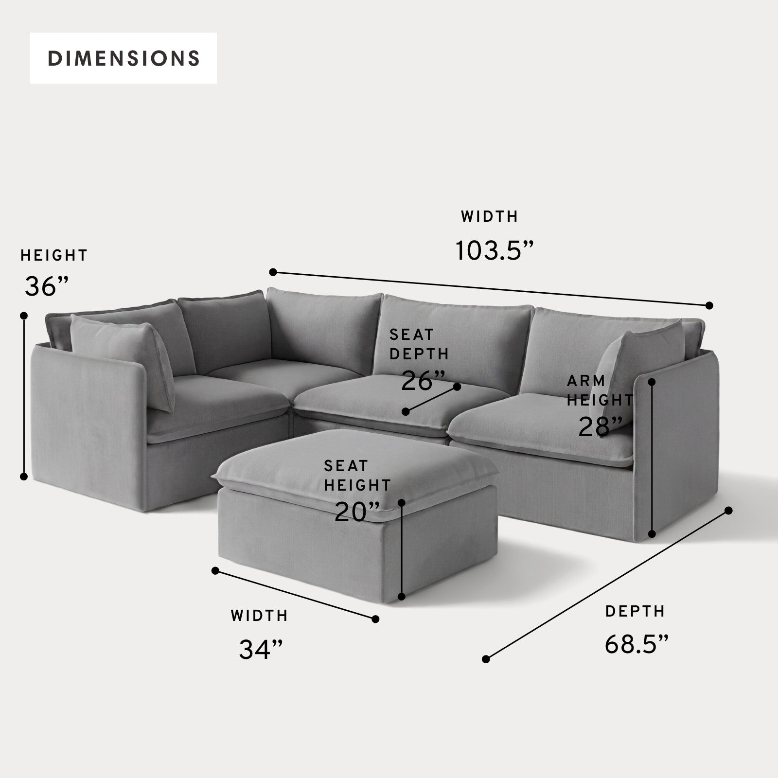 Modular Outdoor Washable 4-Seater Corner Sectional + Ottoman | Classic Canvas in Stone Gray