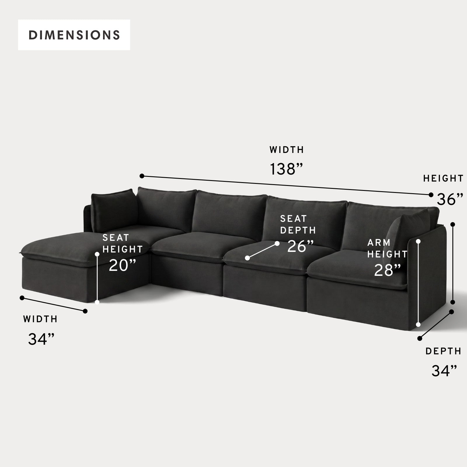 Modular Outdoor Washable 4-Seater Sectional | Classic Canvas in Charcoal