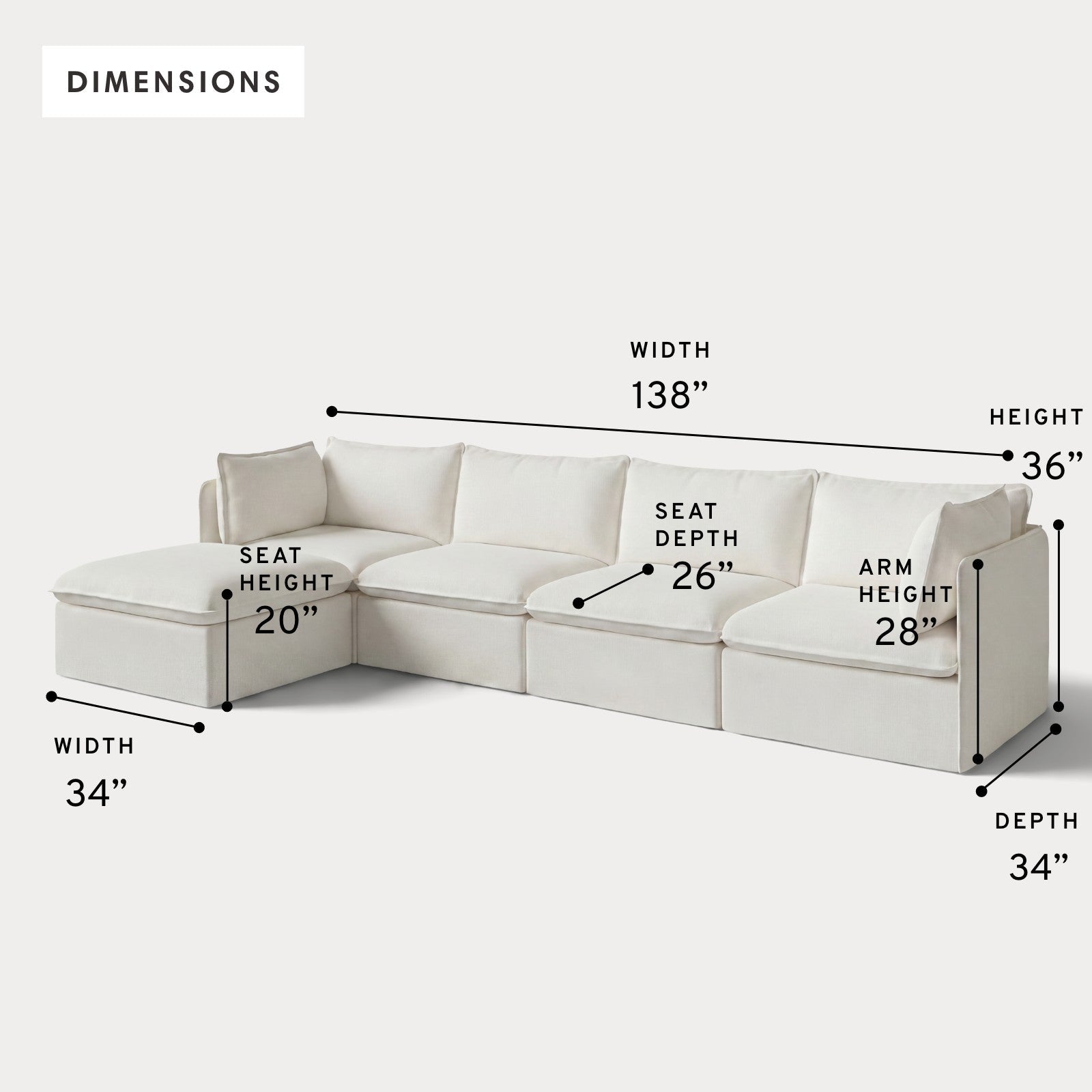 Modular Outdoor Washable 4-Seater Sectional | Classic Canvas in Cloud