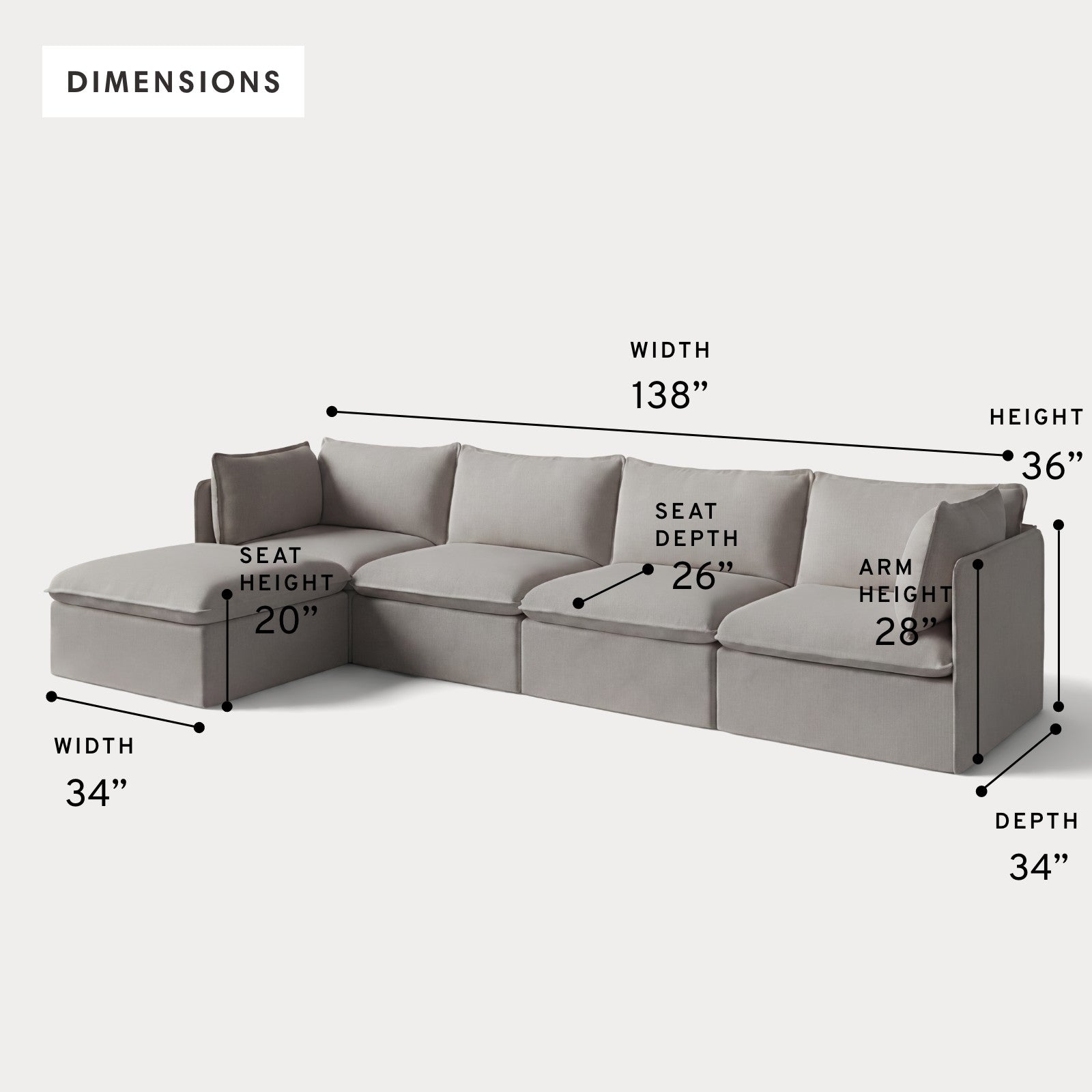 Modular Outdoor Washable 4-Seater Sectional | Nano Slubweave in Haze Gray