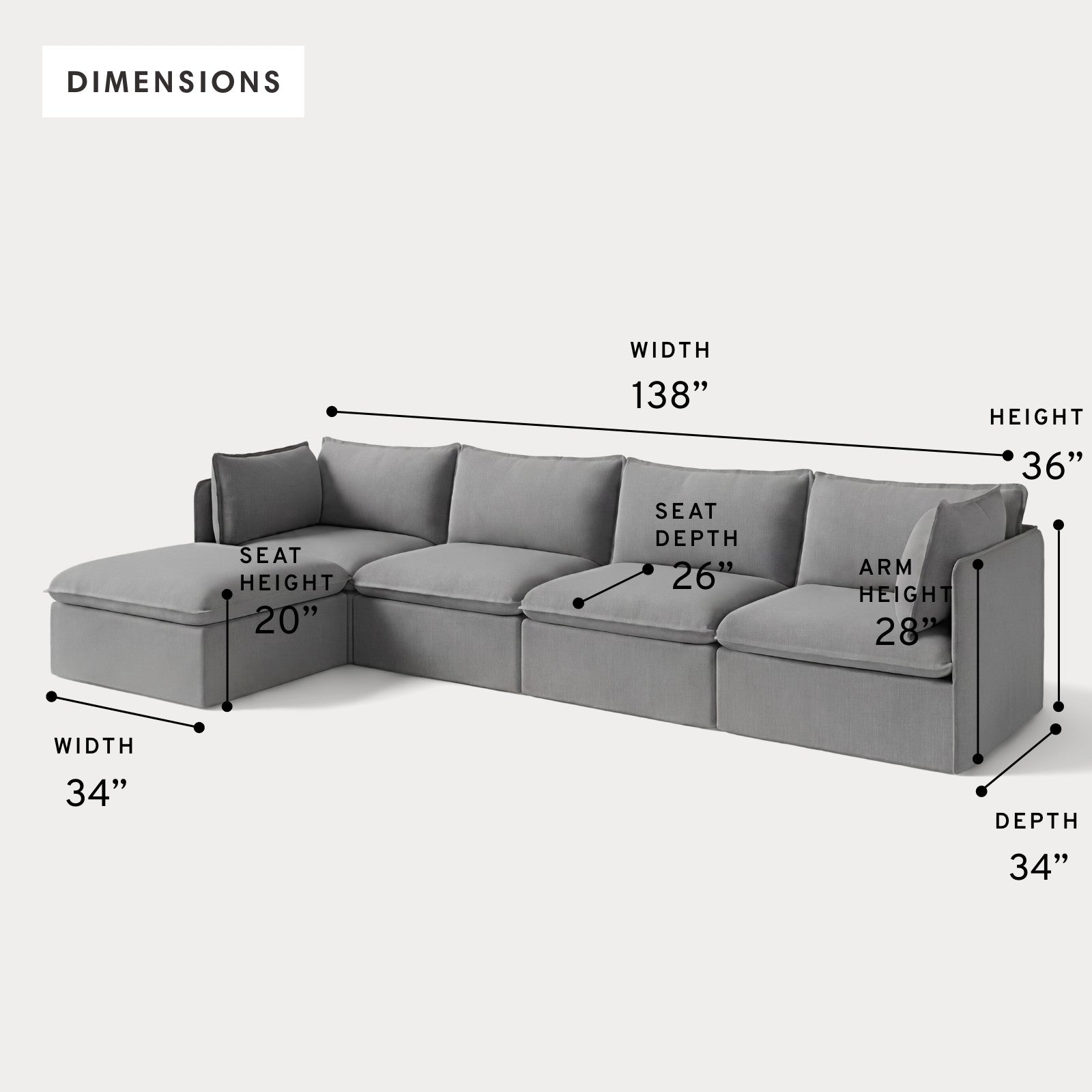 Modular Outdoor Washable 4-Seater Sectional | Classic Canvas in Stone Gray