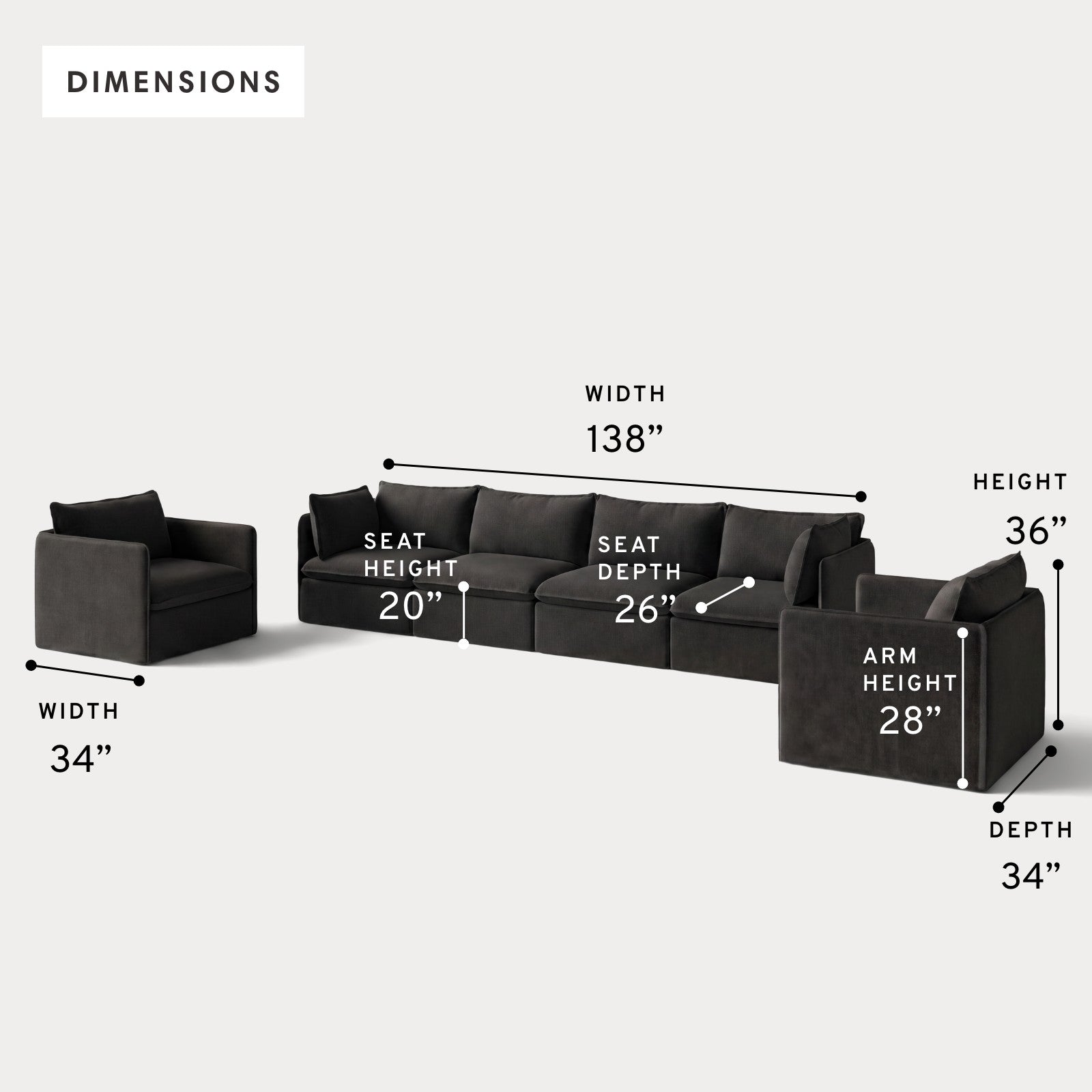 Modular Outdoor Washable 4-Seater Sofa + Armchair Set | Classic Canvas in Charcoal