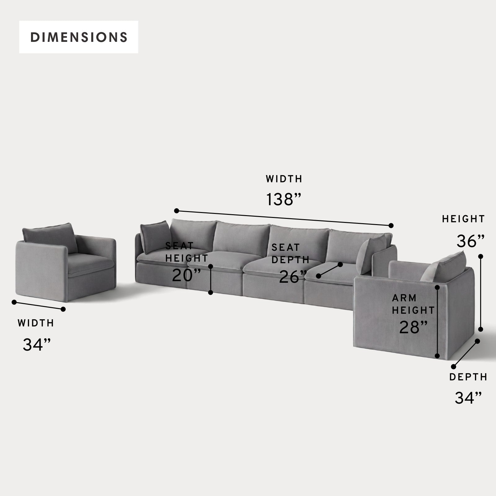 Modular Outdoor Washable 4-Seater Sofa + Armchair Set | Classic Canvas in Stone Gray