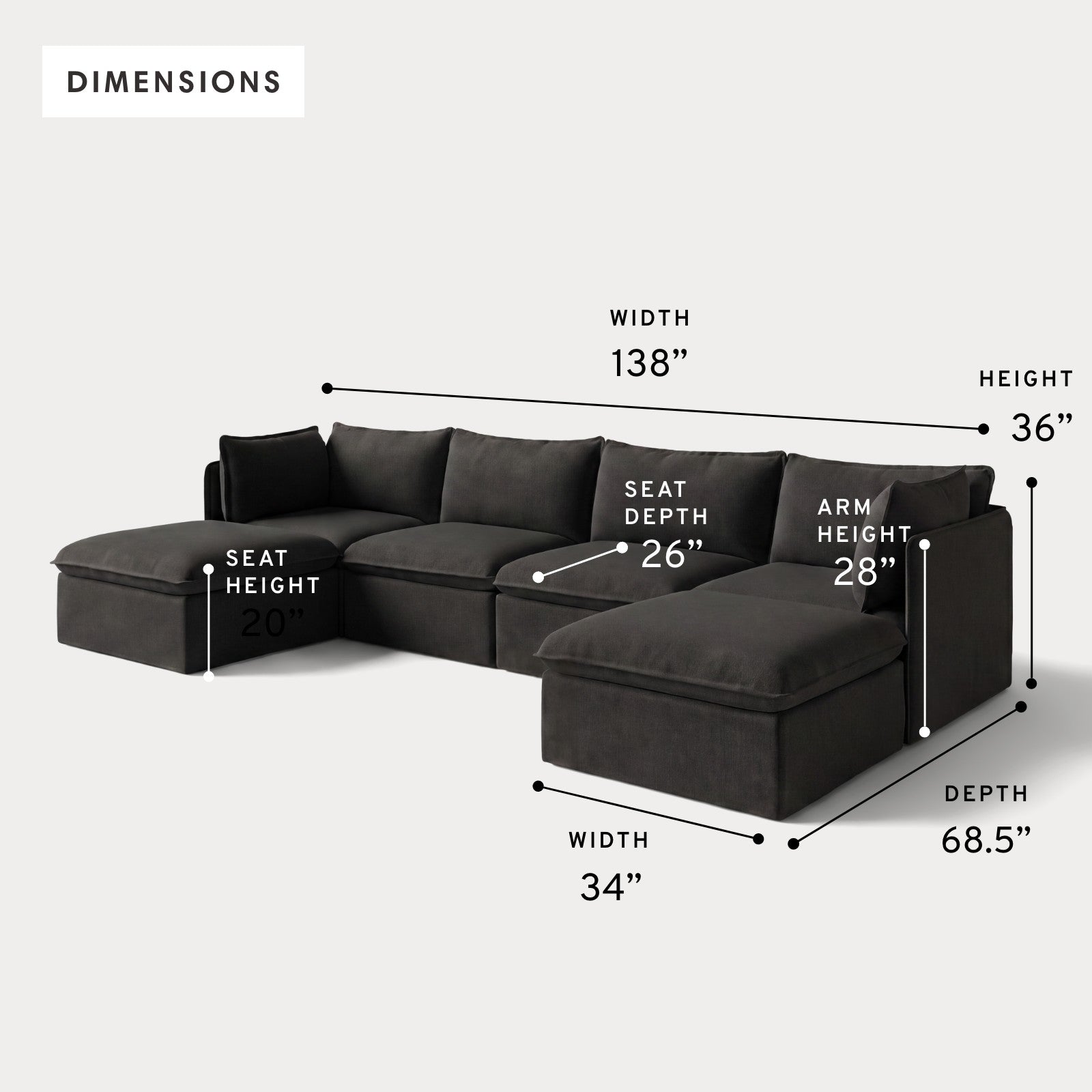 Modular Outdoor Washable 4-Seater U-Sectional | Classic Canvas in Charcoal