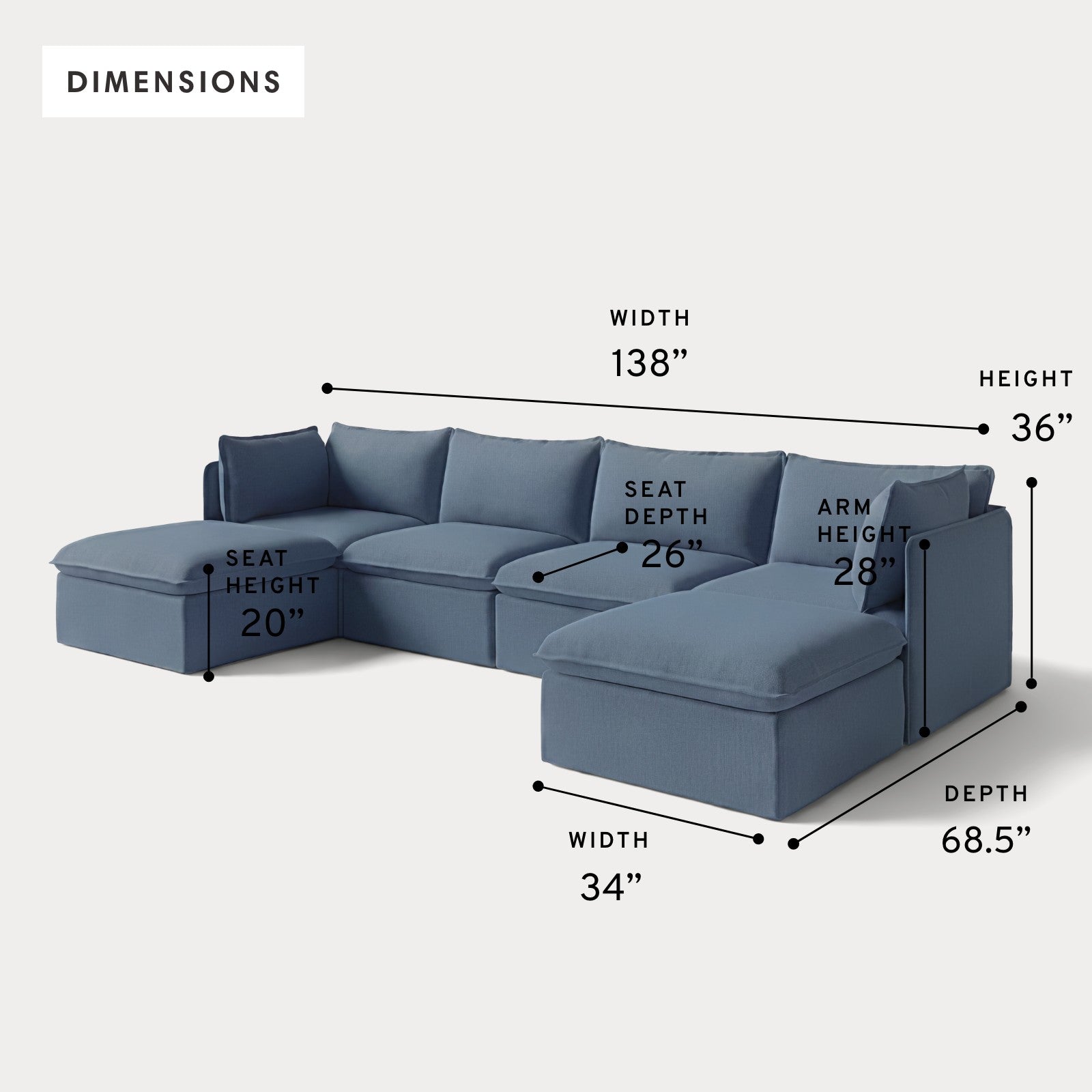 Modular Outdoor Washable 4-Seater U-Sectional | Classic Canvas in Ocean