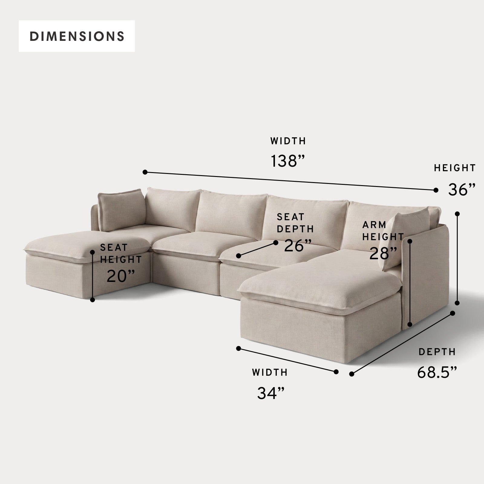 Modular Outdoor Washable 4-Seater U-Sectional | Classic Canvas in Sand