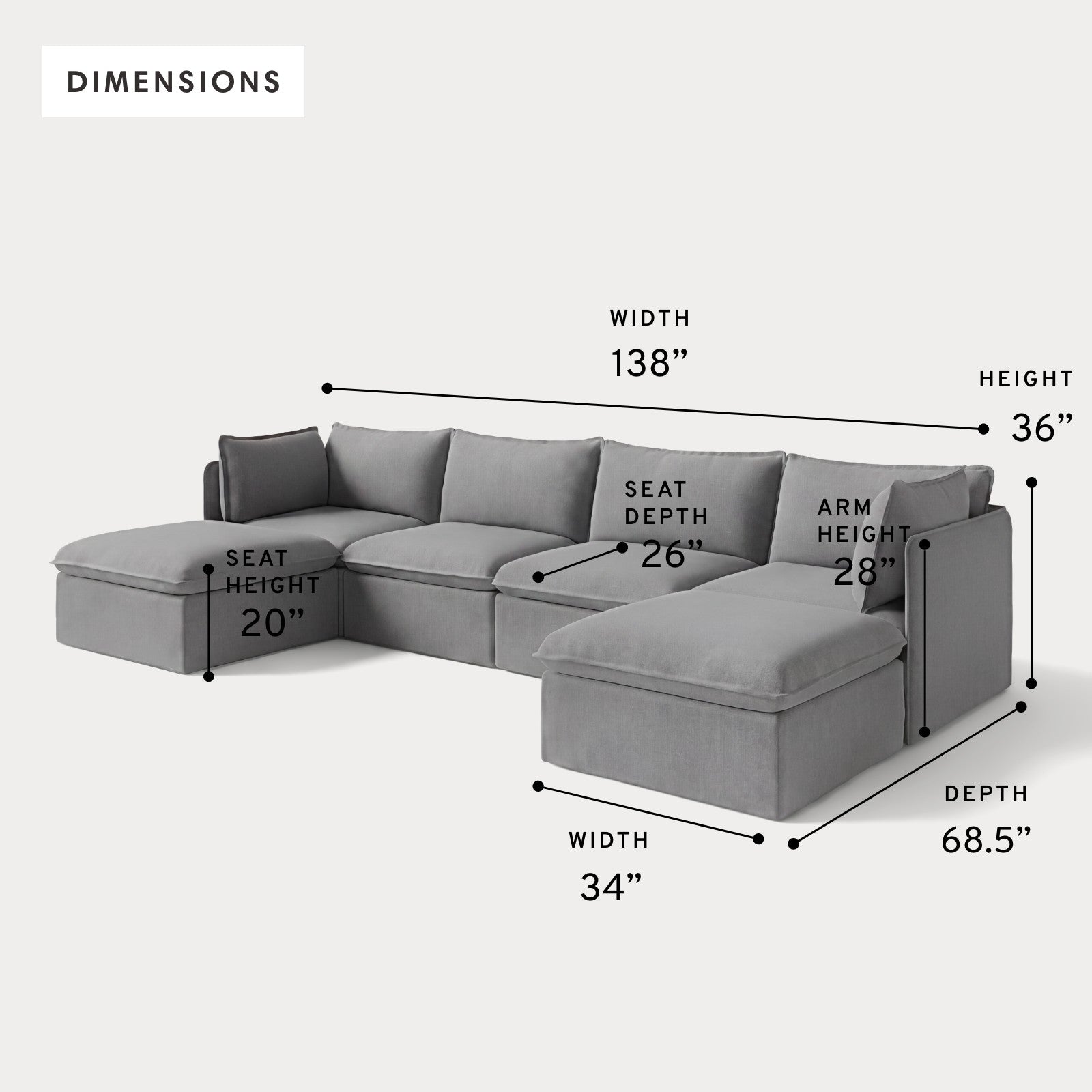 Modular Outdoor Washable 4-Seater U-Sectional | Classic Canvas in Stone Gray