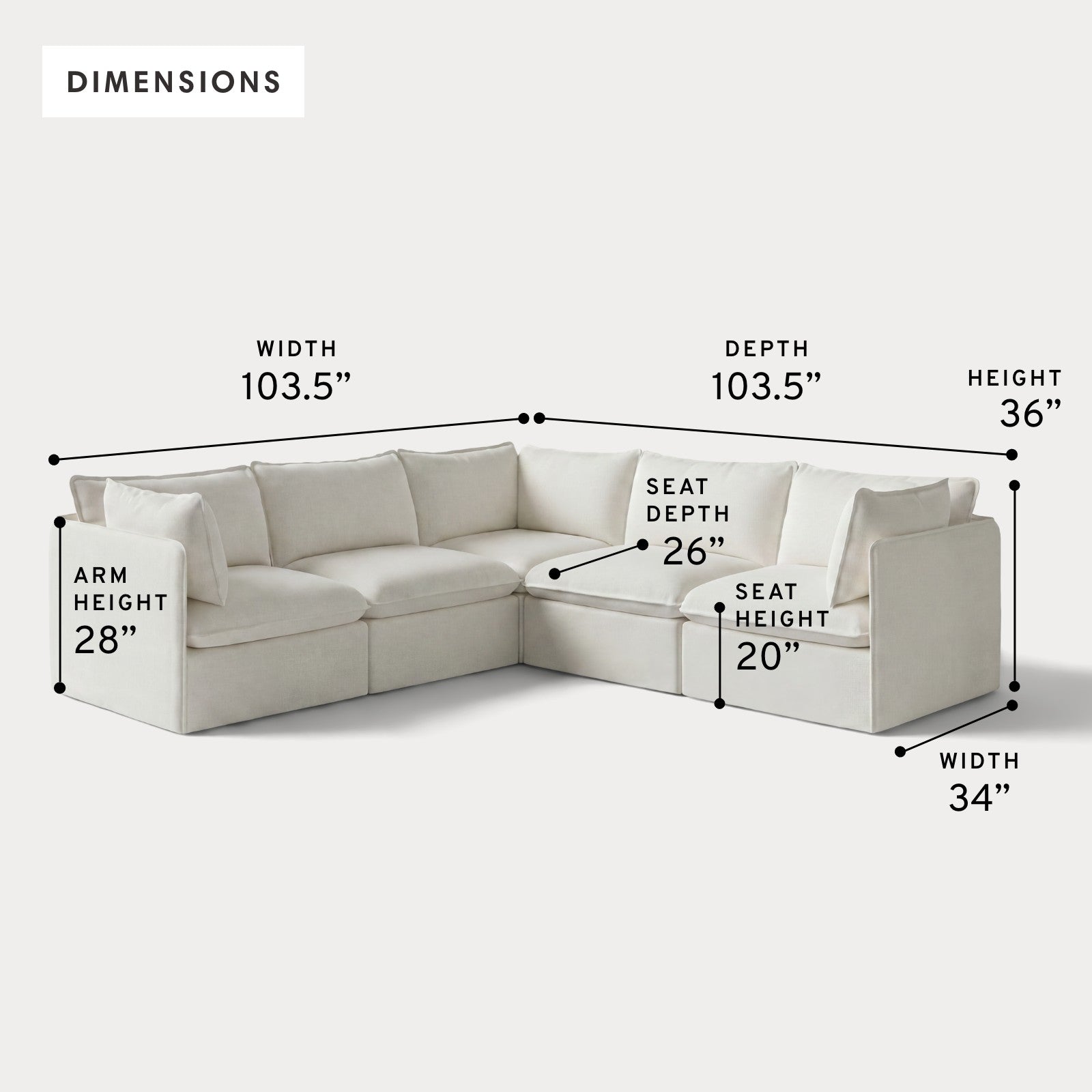 Modular Outdoor Washable 5-Seater Corner Sectional | Classic Canvas in Cloud