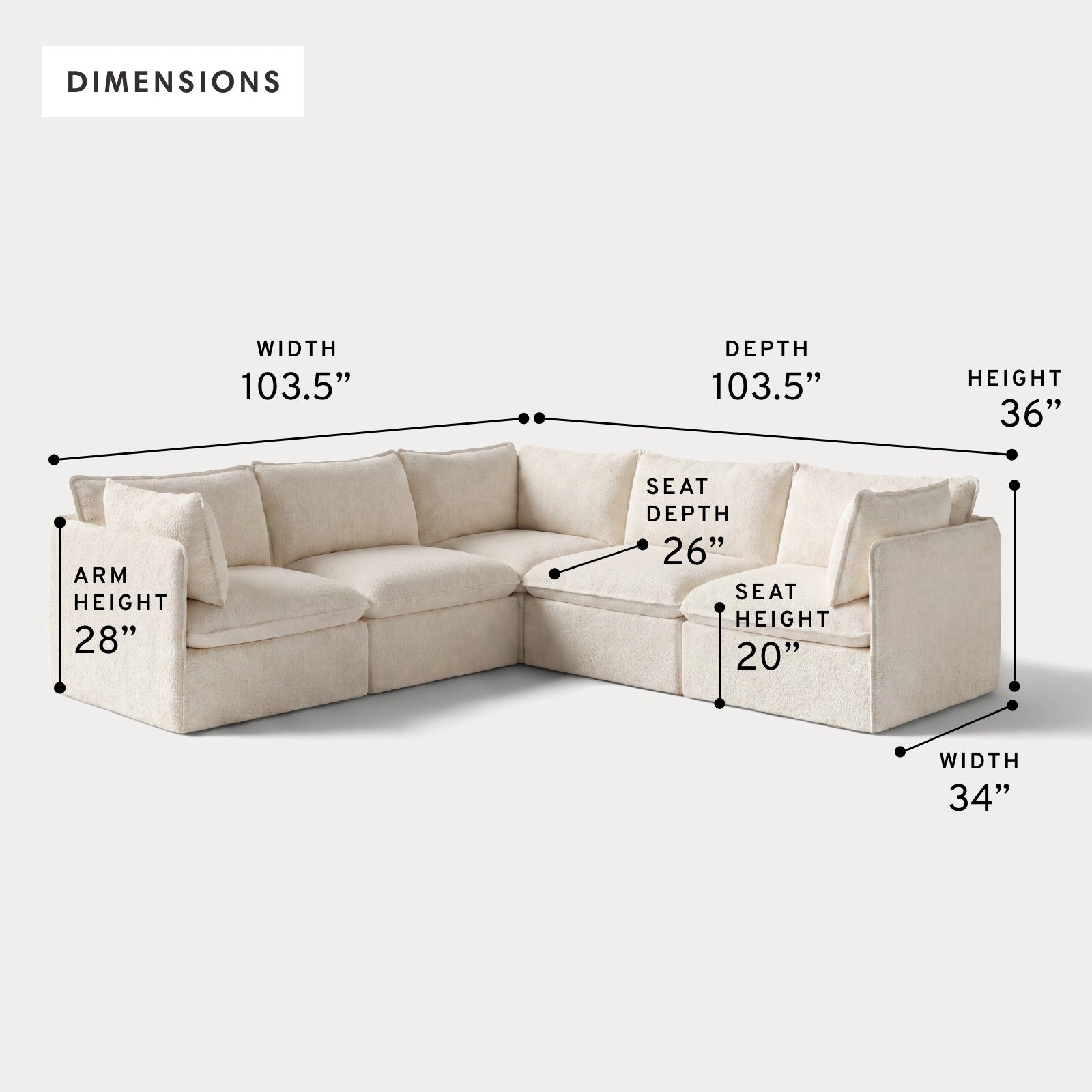 Modular Outdoor Washable 5-Seater Corner Sectional | Alfresco Boucle in Creme