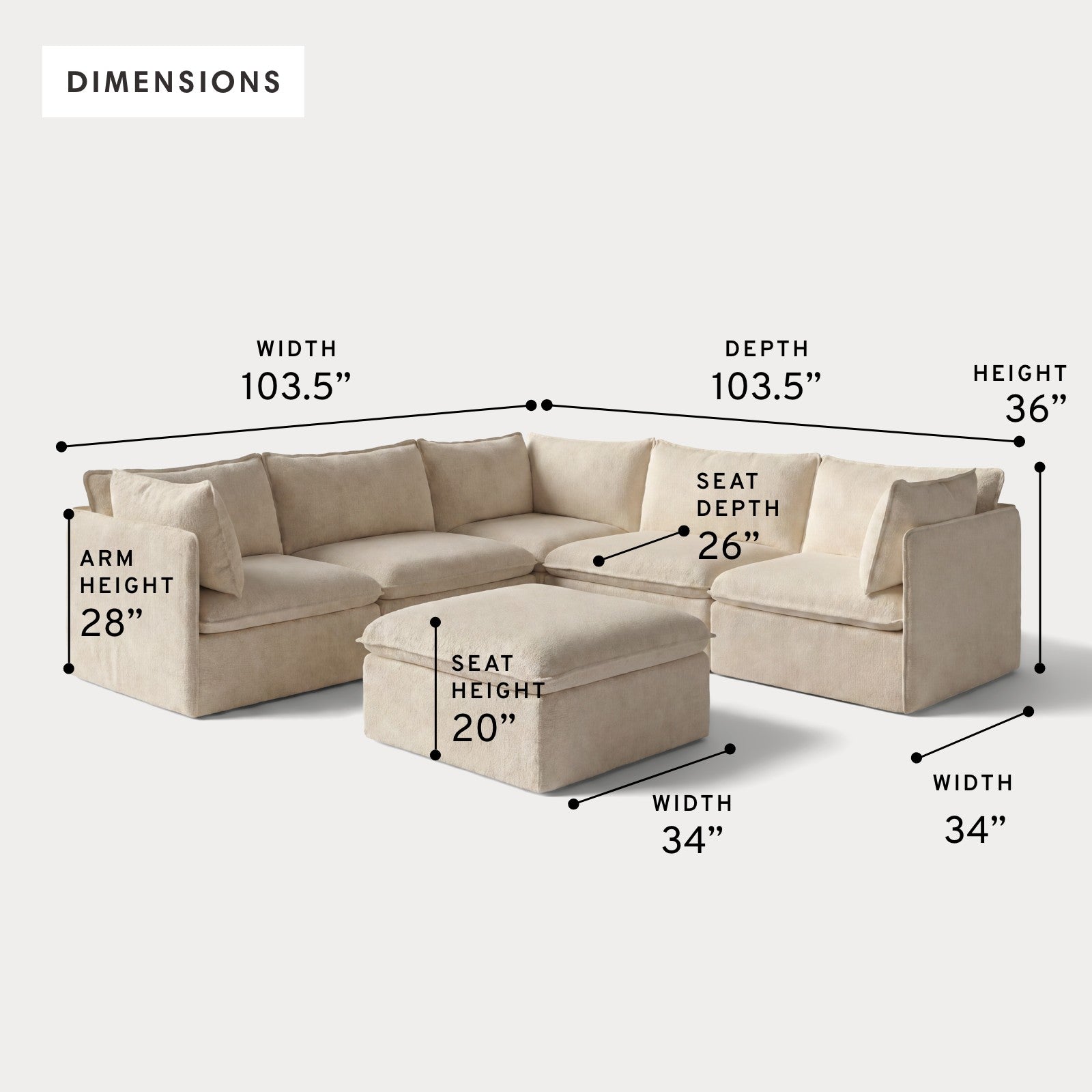 Modular Outdoor Washable 5-Seater Corner Sectional + Ottoman | Alfresco Boucle in Cashew