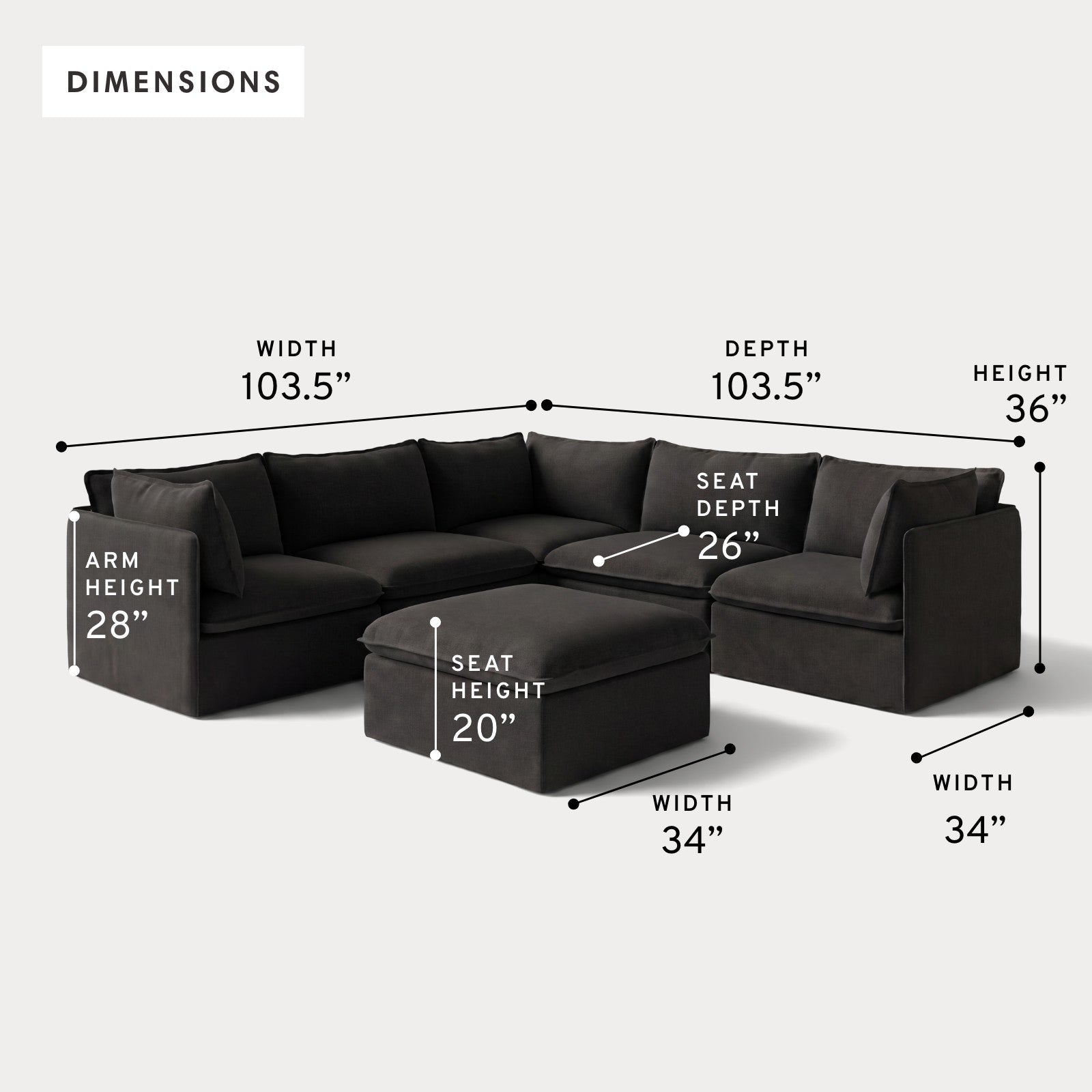 Modular Outdoor Washable 5-Seater Corner Sectional + Ottoman | Classic Canvas in Charcoal