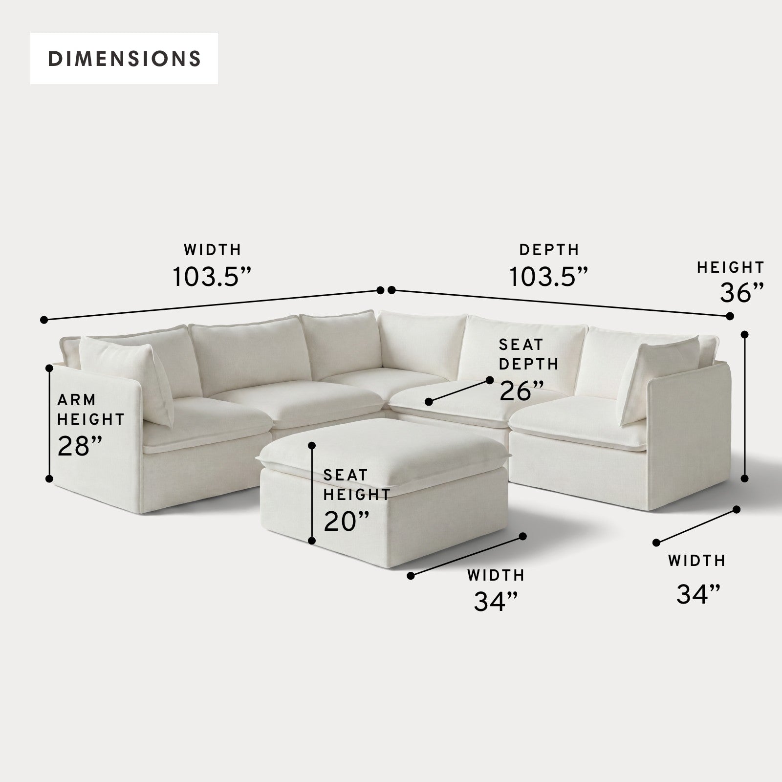 Modular Outdoor Washable 5-Seater Corner Sectional + Ottoman | Classic Canvas in Cloud