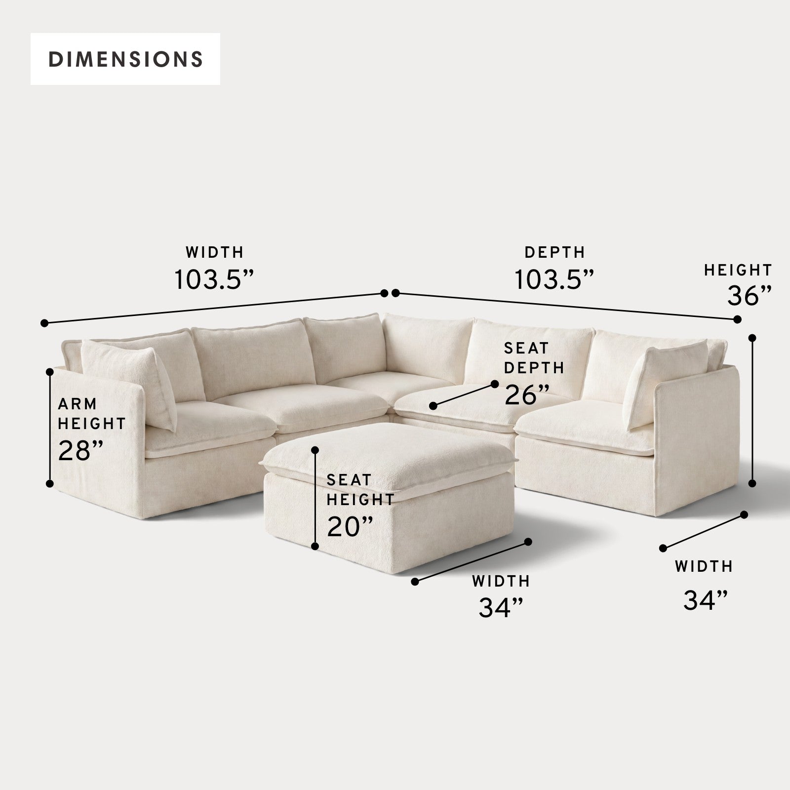 Modular Outdoor Washable 5-Seater Corner Sectional + Ottoman | Alfresco Boucle in Creme