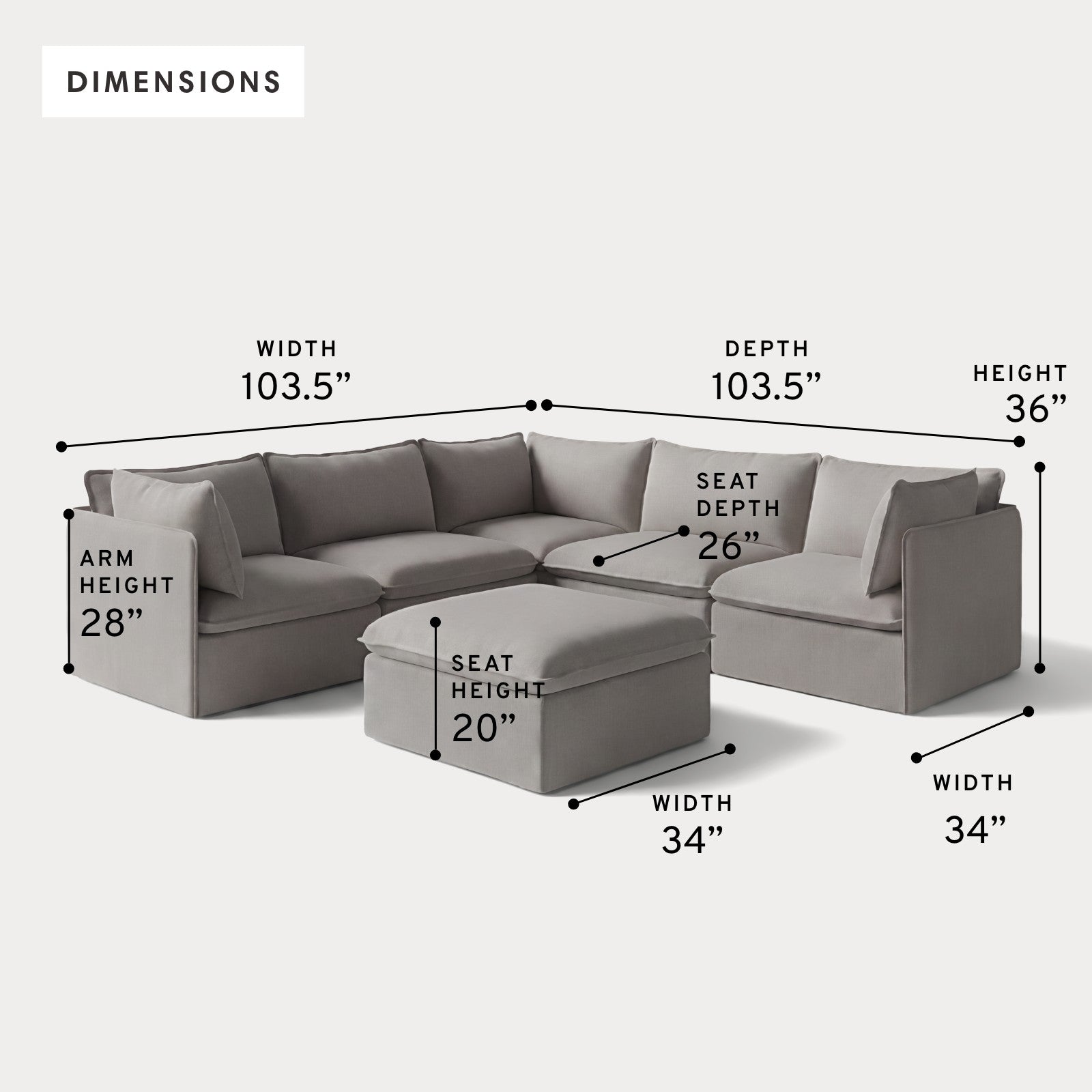 Modular Outdoor Washable 5-Seater Corner Sectional + Ottoman | Nano Slubweave in Haze Gray