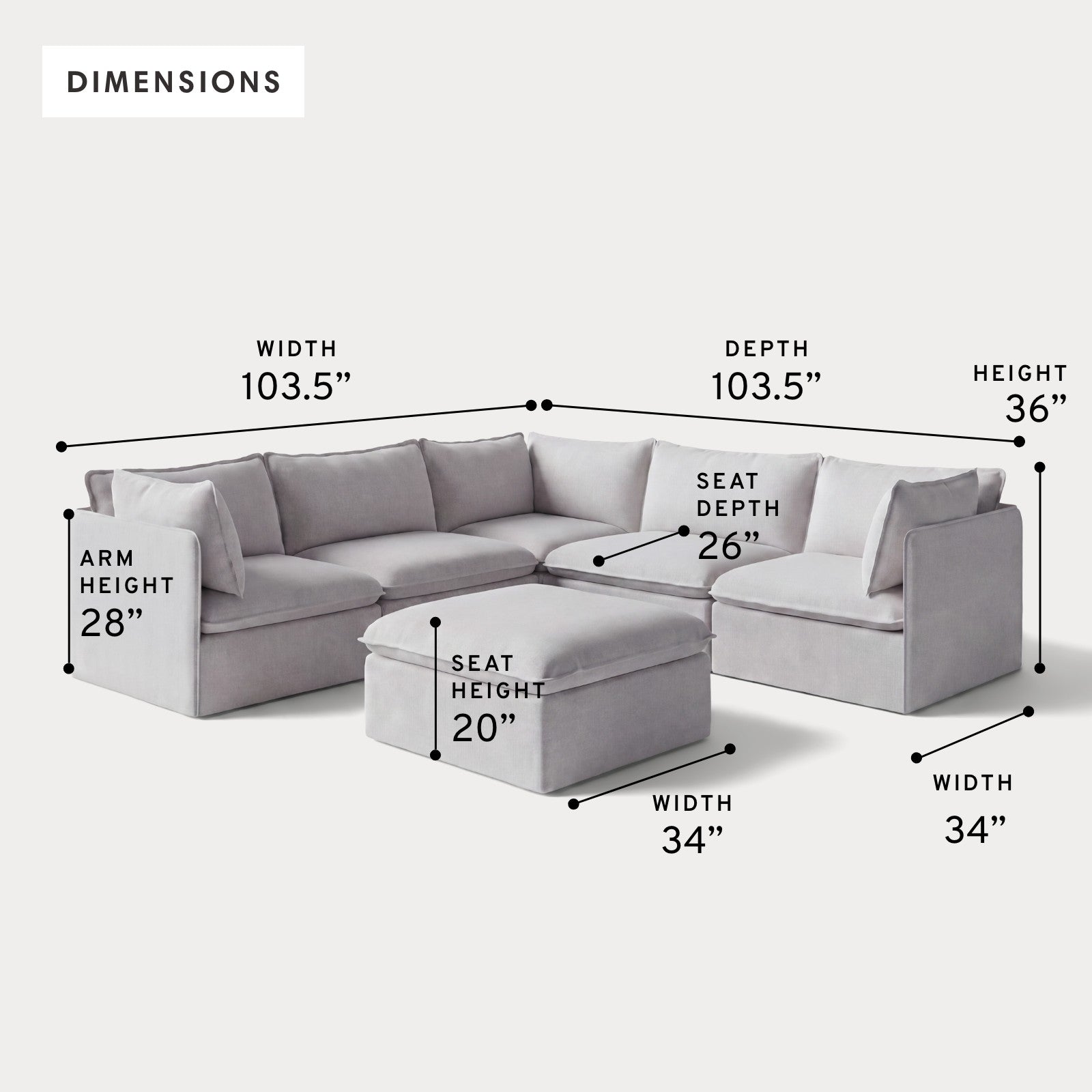 Modular Outdoor Washable 5-Seater Corner Sectional + Ottoman | Nano Slubweave in Mist