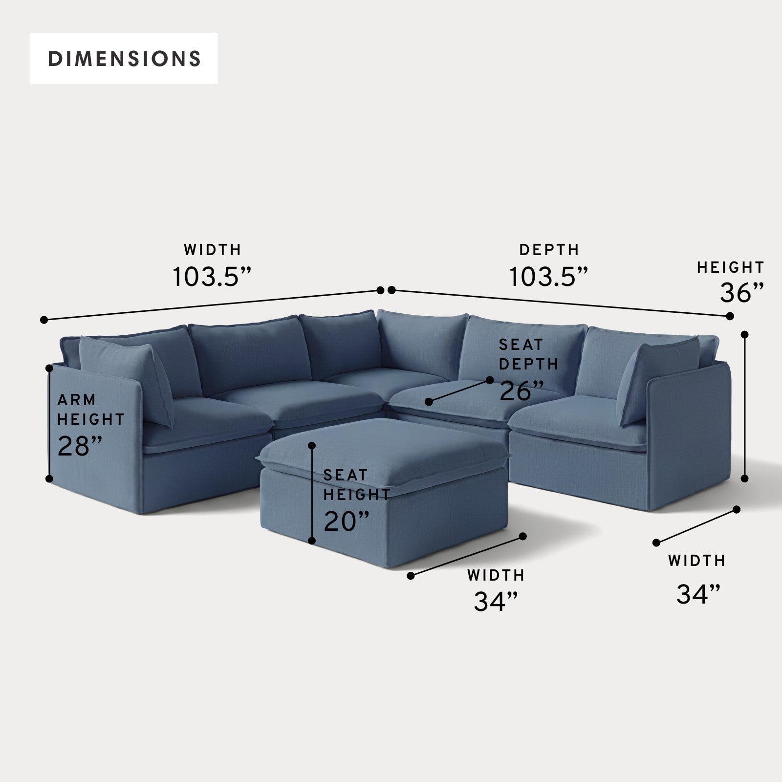 Modular Outdoor Washable 5-Seater Corner Sectional + Ottoman | Classic Canvas in Ocean