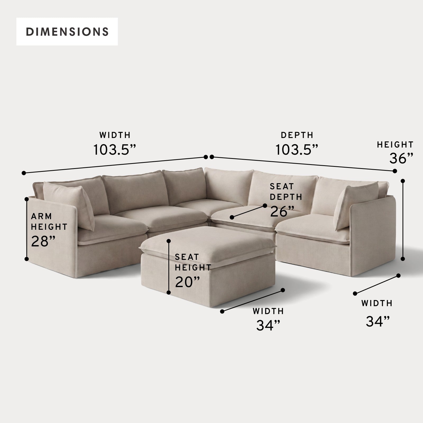 Modular Outdoor Washable 5-Seater Corner Sectional + Ottoman | Classic Canvas in Sand
