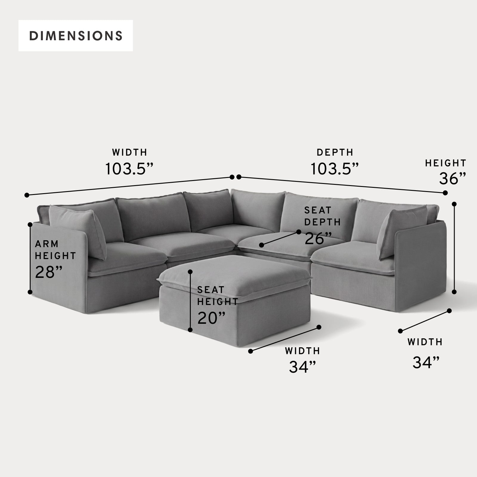 Modular Outdoor Washable 5-Seater Corner Sectional + Ottoman | Classic Canvas in Stone Gray