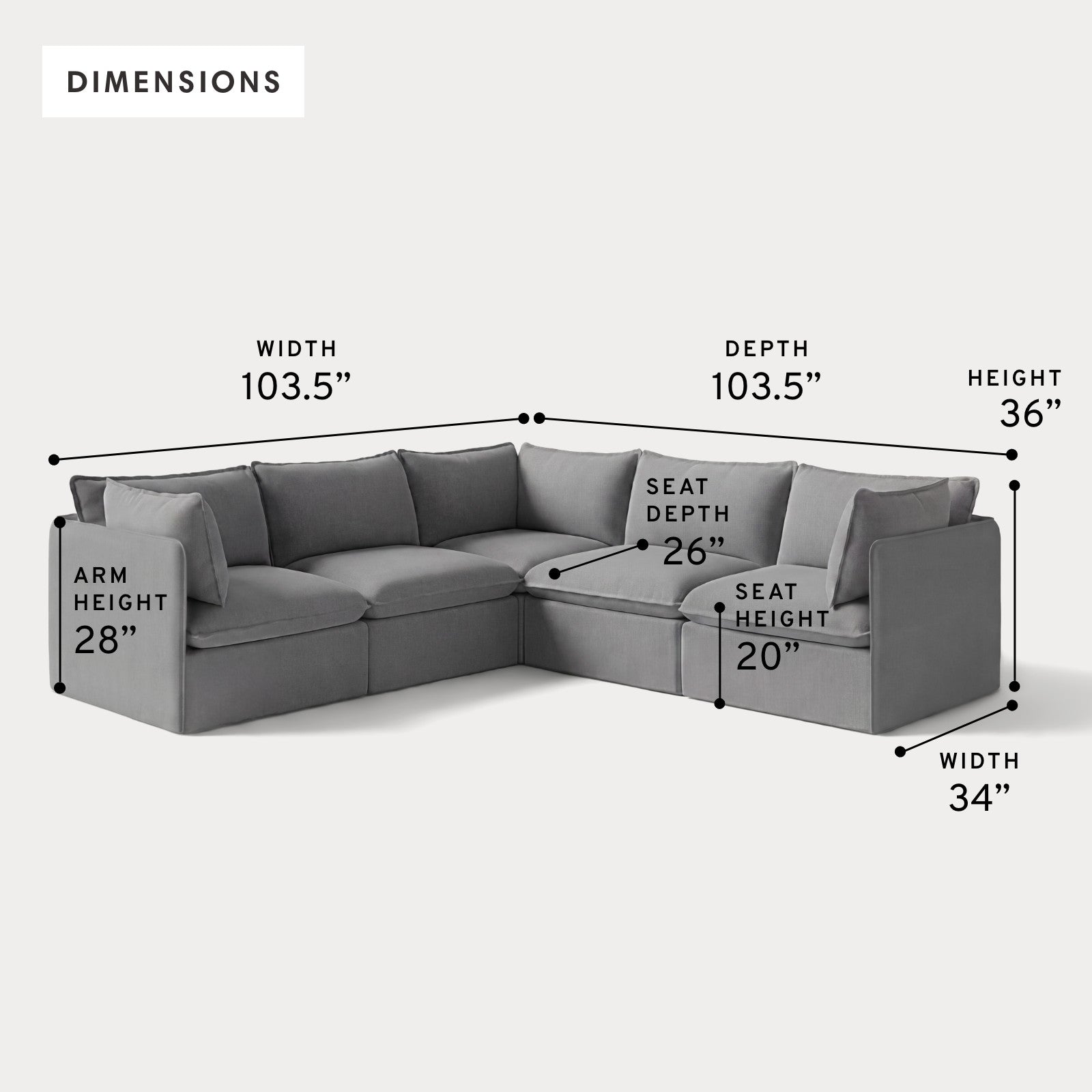 Modular Outdoor Washable 5-Seater Corner Sectional | Classic Canvas in Stone Gray