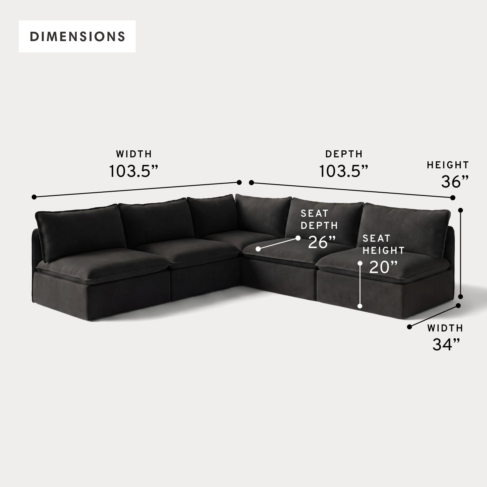 Modular Outdoor Washable 5-Seater Open-Ends Corner Sectional | Classic Canvas in Charcoal