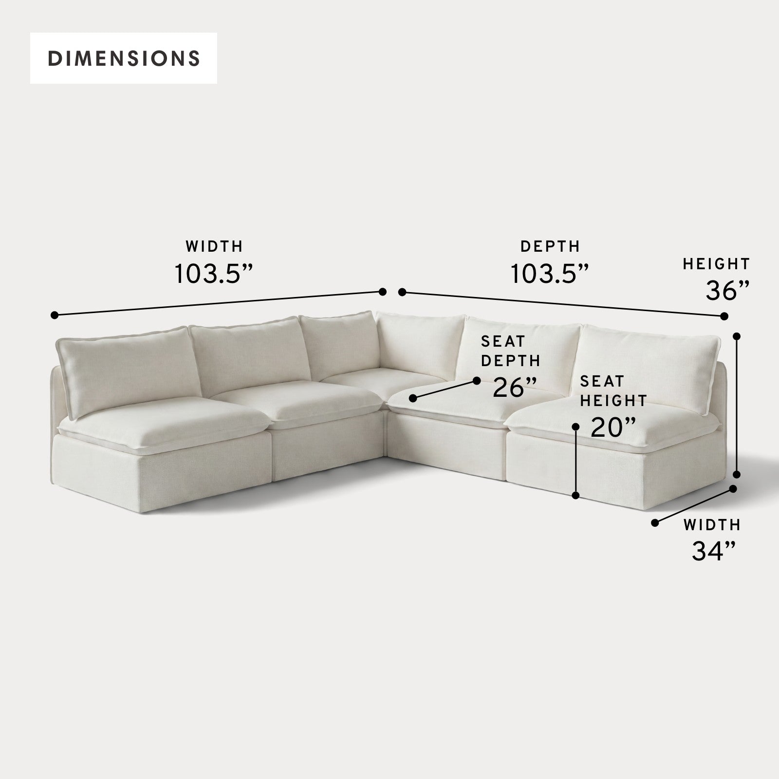 Modular Outdoor Washable 5-Seater Open-Ends Corner Sectional | Classic Canvas in Cloud