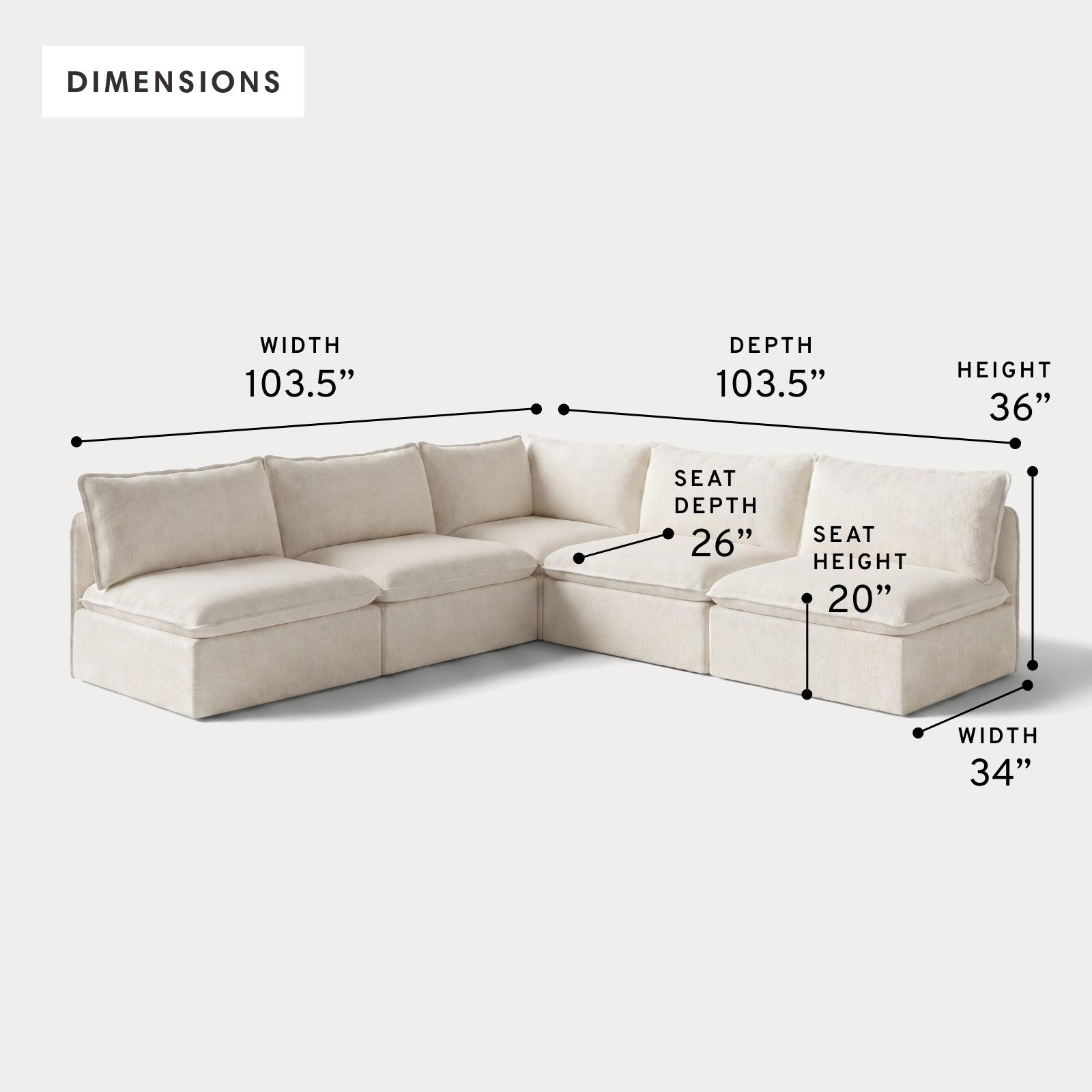 Modular Outdoor Washable 5-Seater Open-Ends Corner Sectional | Alfresco Boucle in Creme