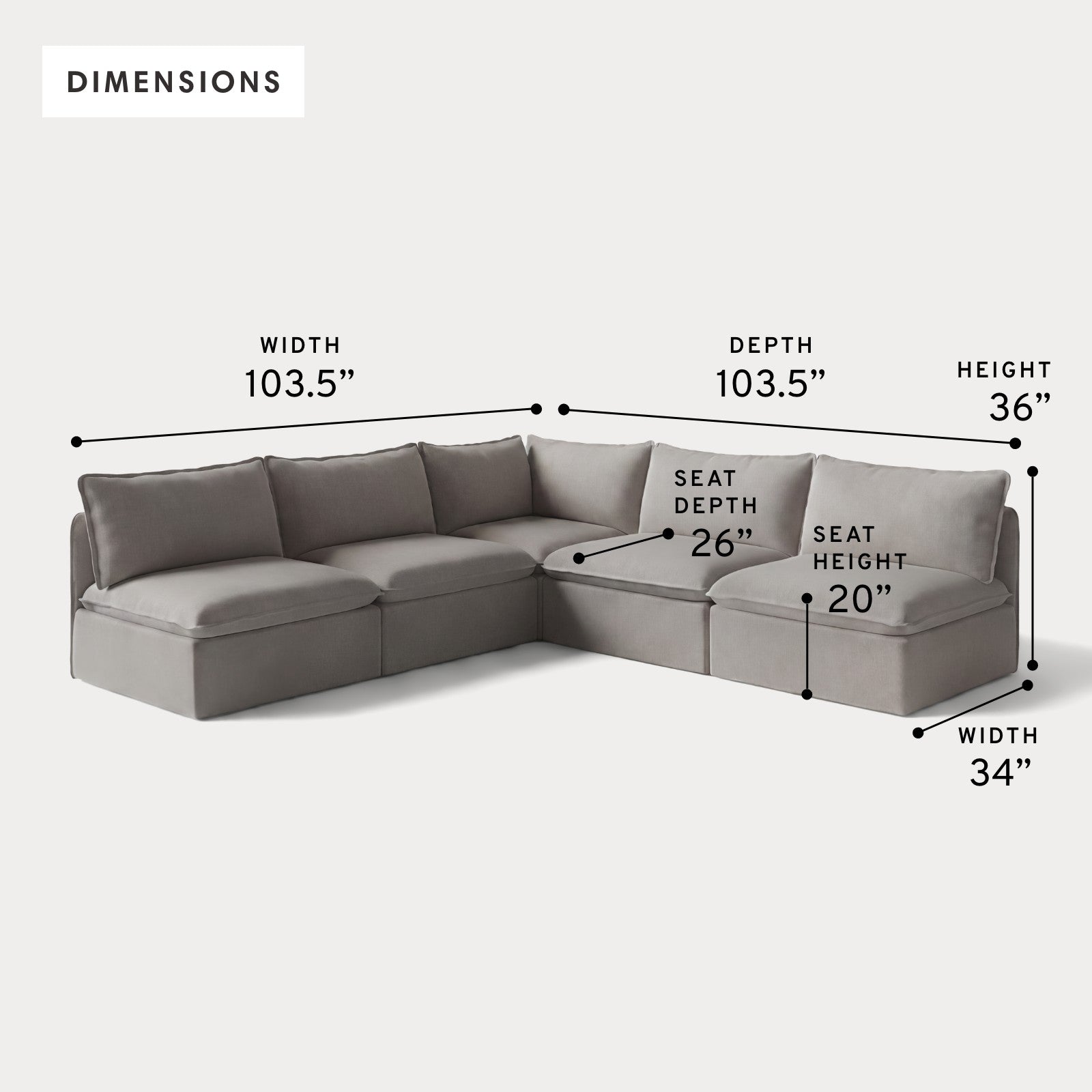 Modular Outdoor Washable 5-Seater Open-Ends Corner Sectional | Nano Slubweave in Haze Gray