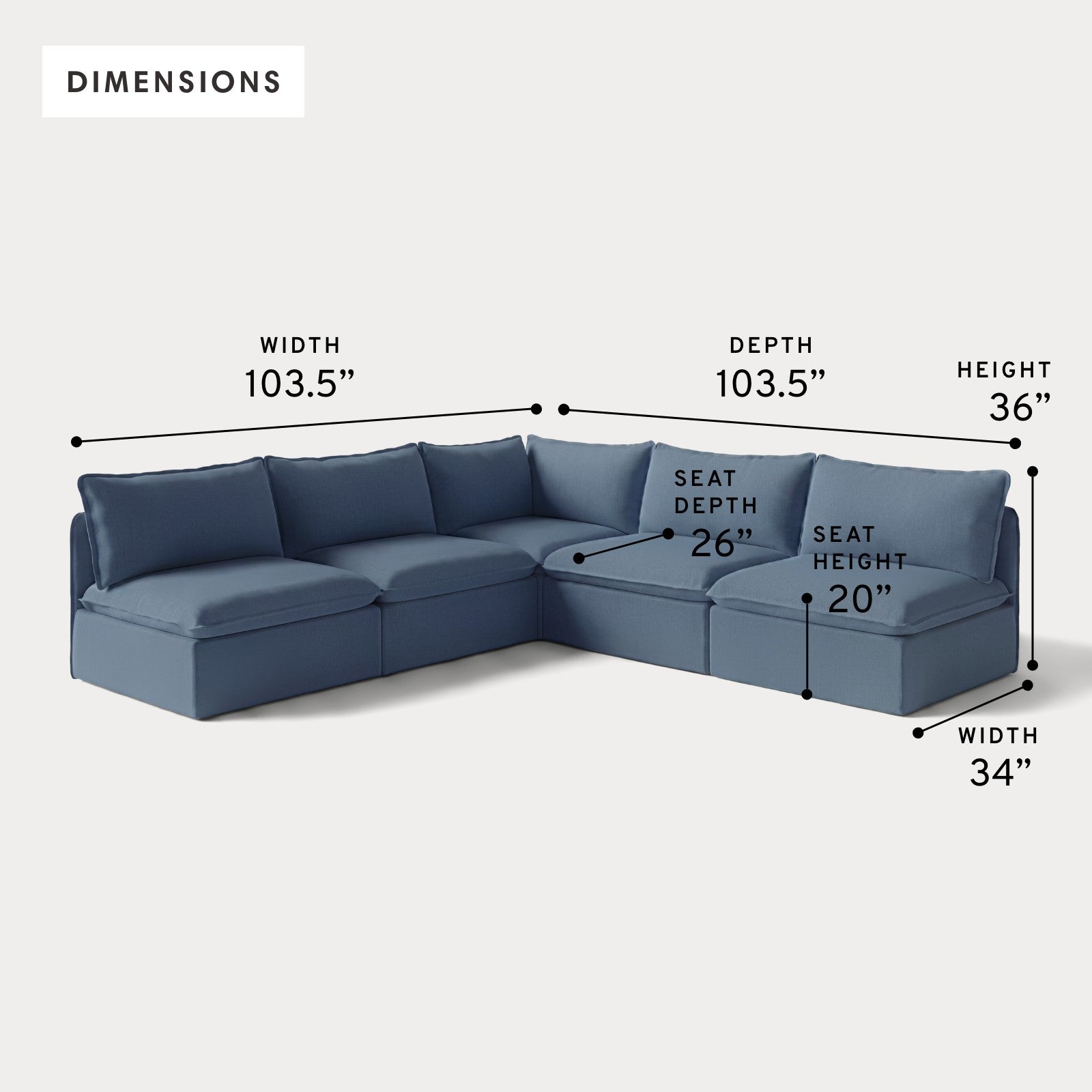Modular Outdoor Washable 5-Seater Open-Ends Corner Sectional | Classic Canvas in Ocean