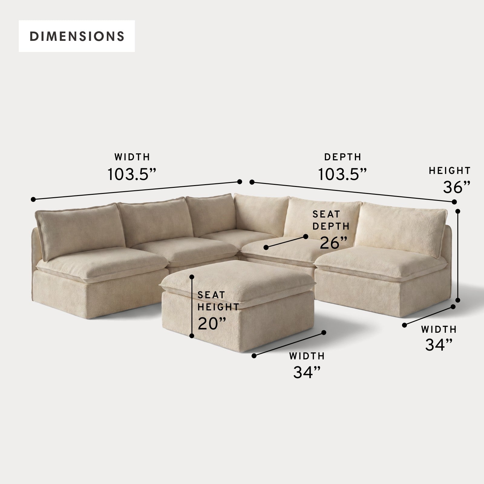 Modular Outdoor Washable 5-Seater Open-Ends Corner Sectional + Ottoman | Alfresco Boucle in Cashew