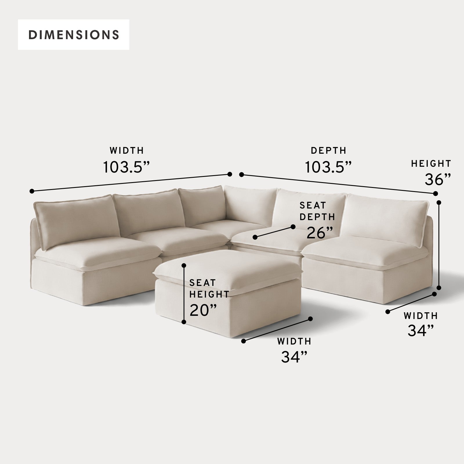 Modular Outdoor Washable 5-Seater Open-Ends Corner Sectional + Ottoman | Nano Slubweave in Chai
