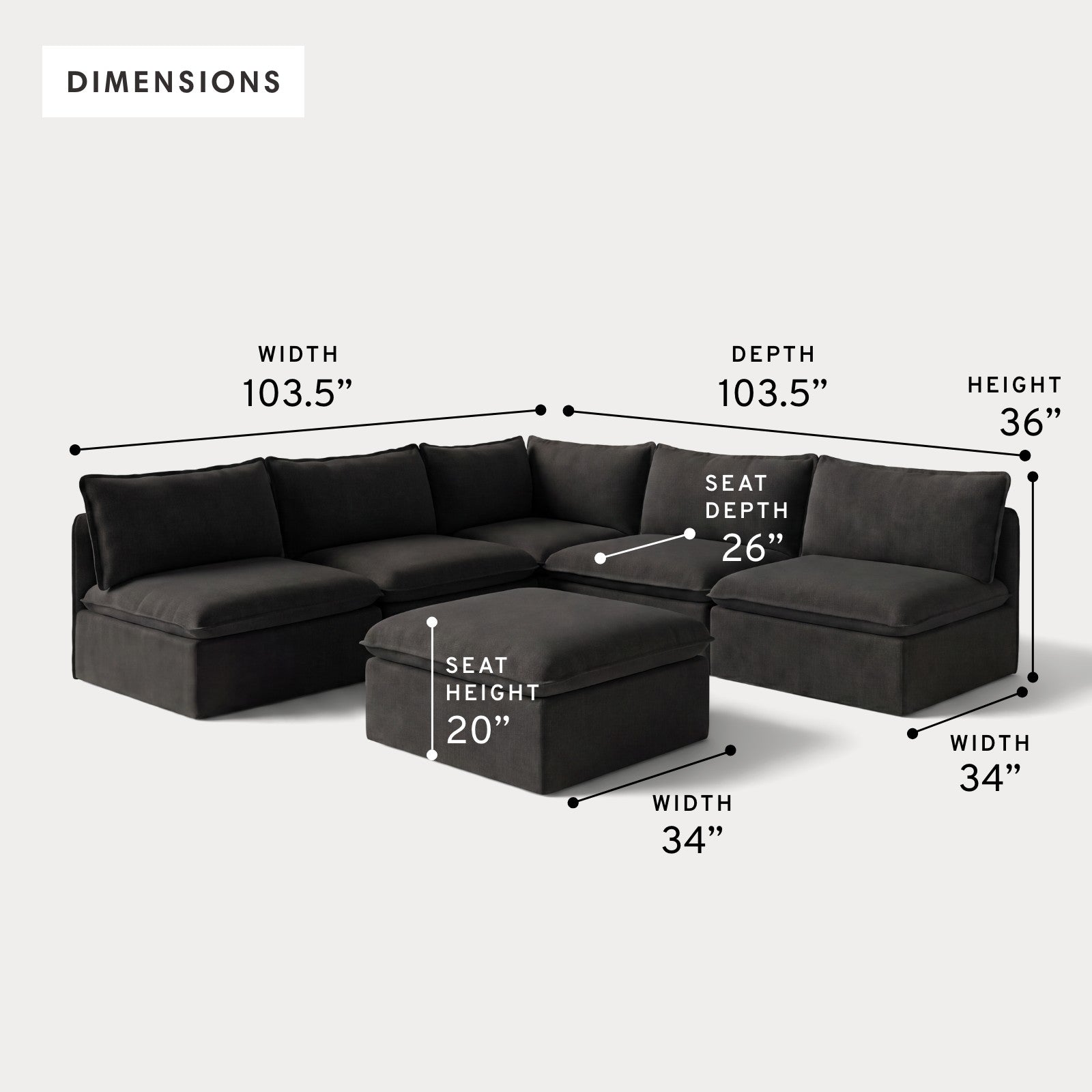 Modular Outdoor Washable 5-Seater Open-Ends Corner Sectional + Ottoman | Classic Canvas in Charcoal