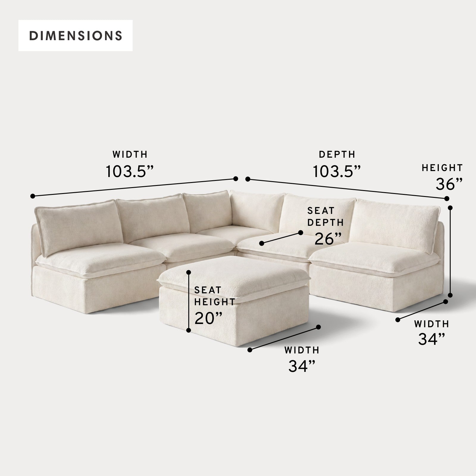Modular Outdoor Washable 5-Seater Open-Ends Corner Sectional + Ottoman | Alfresco Boucle in Creme